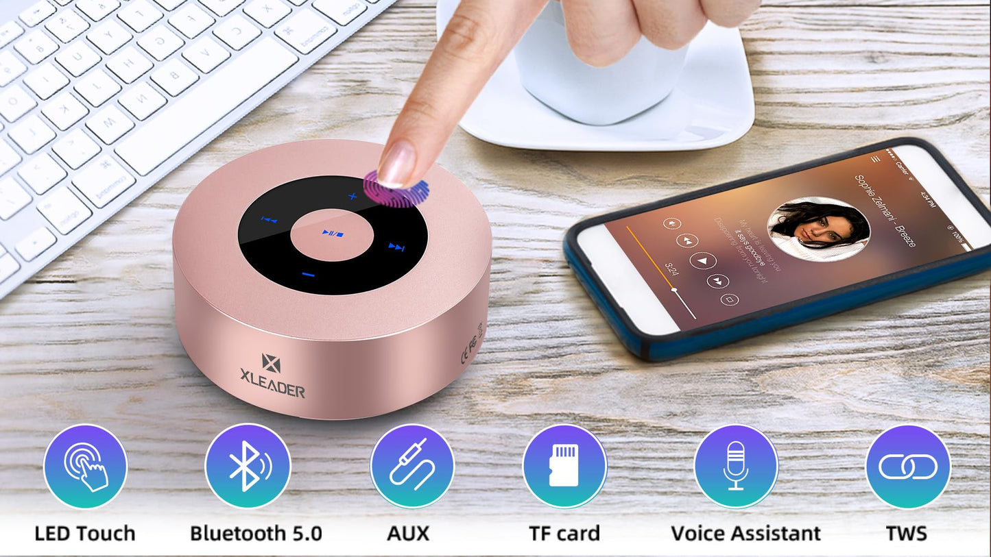 XLEADER [Smart Touch] Mini Bluetooth Speaker SoundAngel A8 (3rd Gen) Premium Rose Gold with Portable Waterproof Case Mic TF Card Aux, for iPhone iPad Shower Electronic Christmas Xmas Gifts