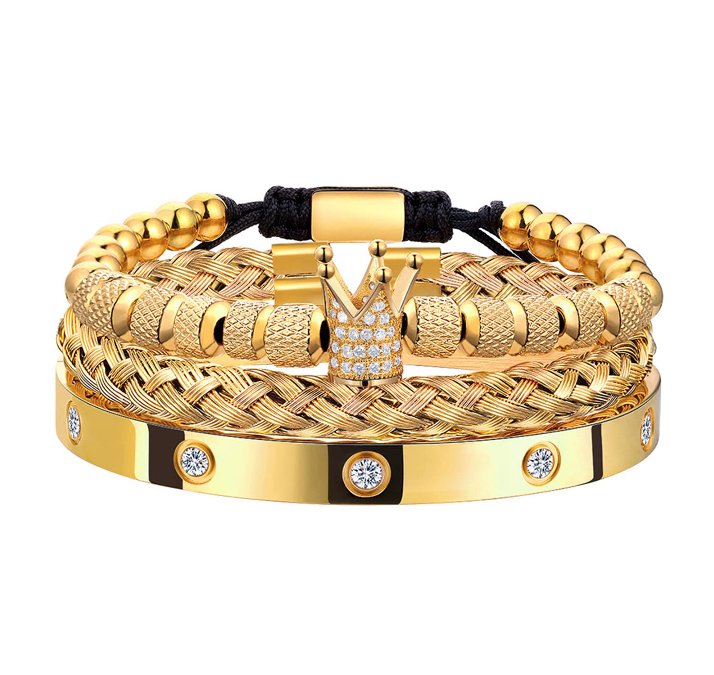 WFYOU 3PCS Stainless Steel Imperial Crown Bracelets for Men Gold Roman Numeral Bangle Bracelet Adjustable Cuff Bracelet Mens Luxury Jewelry Gifts (01:Gold-Cubic Zirconia)