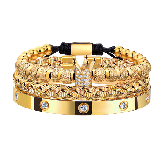 WFYOU 3PCS Stainless Steel Imperial Crown Bracelets for Men Gold Roman Numeral Bangle Bracelet Adjustable Cuff Bracelet Mens Luxury Jewelry Gifts (01:Gold-Cubic Zirconia)