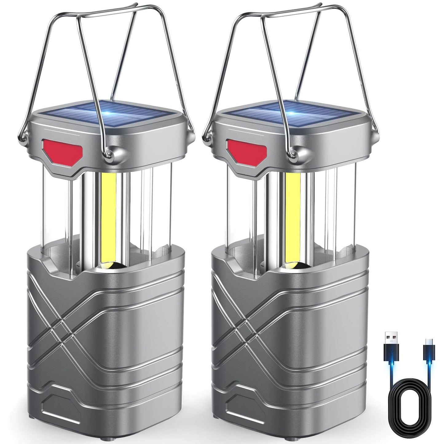 LETMY 4 Pack Camping Lantern, Rechargeable LED Lanterns, Solar Lantern Battery Powered Hurricane Lantern Flashlights with 3 Powered Ways & USB Cable for Emergency, Power Outage, Hurricane Supplies