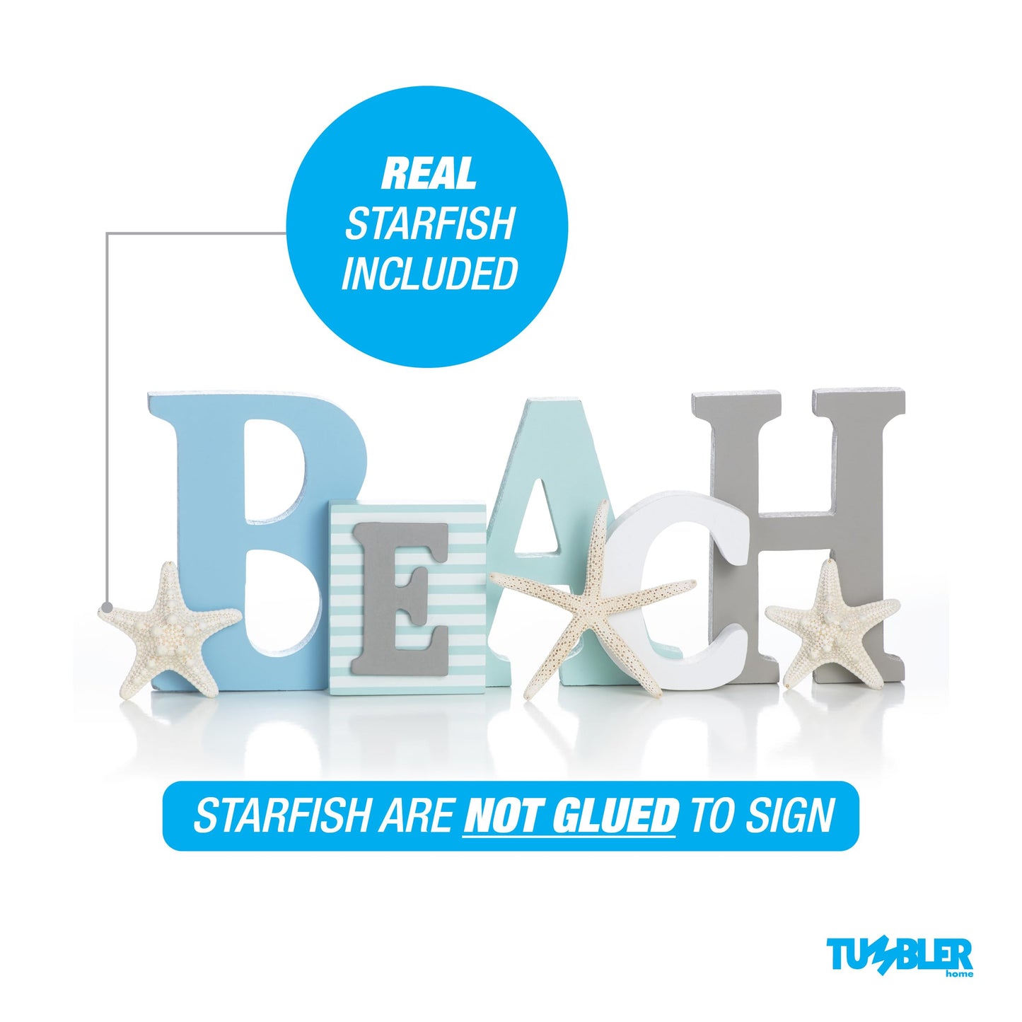 Wooden Beach Word Sign with Trio of Loose Starfish - Tropical Beach Home Decor