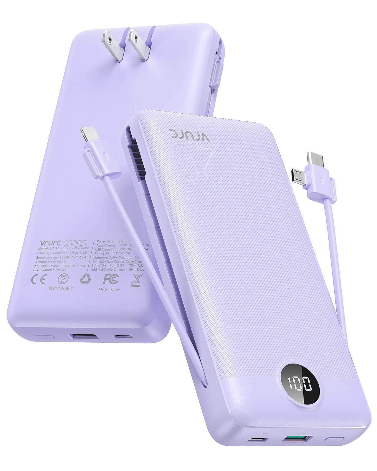 VRURC Portable Charger 20000mAh, Fast Charging Power Bank USB C,4 Output 2 Input Travel Essentials Charging Bank Equipped with LED Display,Built-in Wall Plug and Cables,Phone Charger Battery,Purple