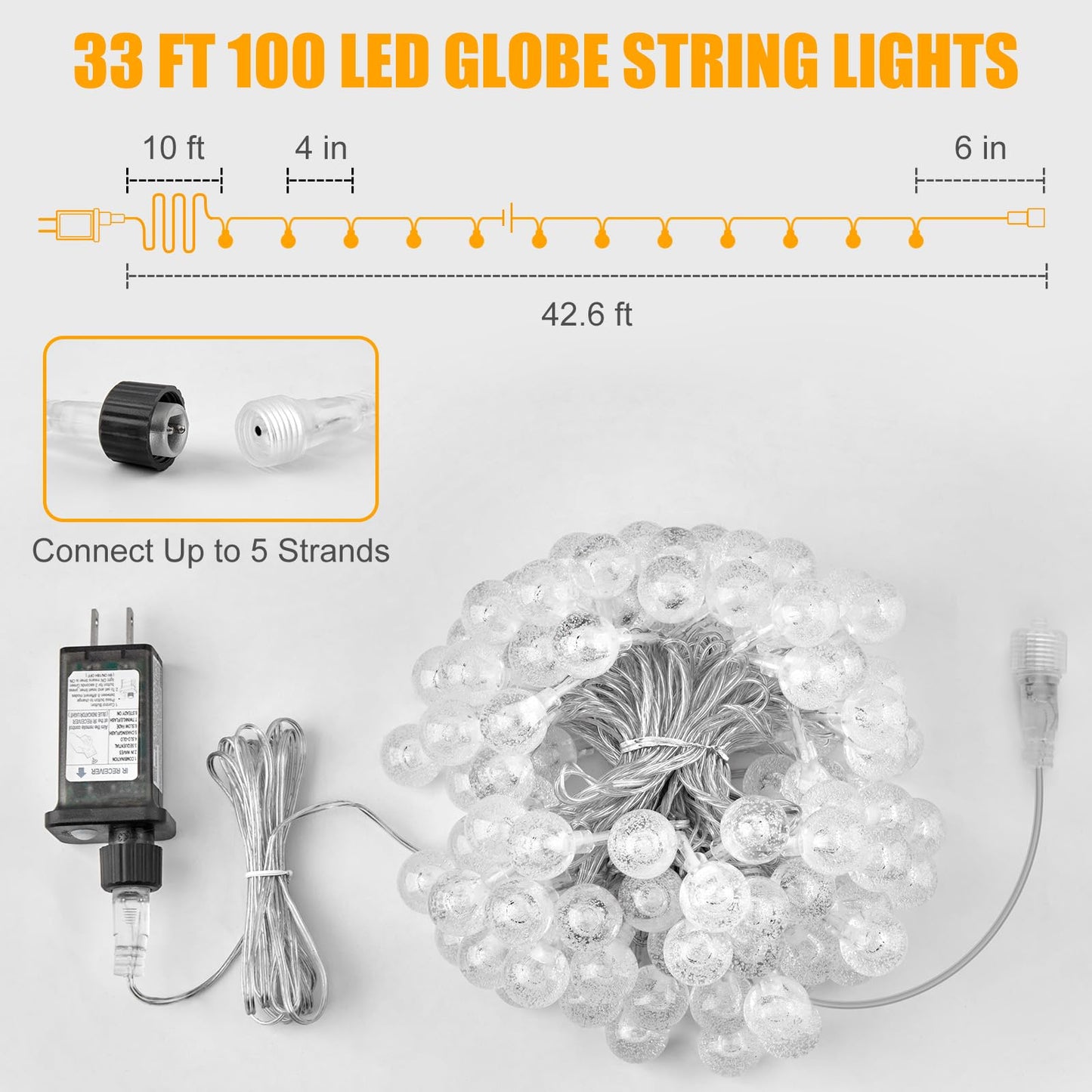 Minetom Globe String Lights - Plug in 33 ft 100 LED Crystal Globe Fairy Lights with 8 Lighting Modes and Remote for Patio Yard Porch Garden Pool Tent Beach Bedroom Wedding Party Decor, Warm White