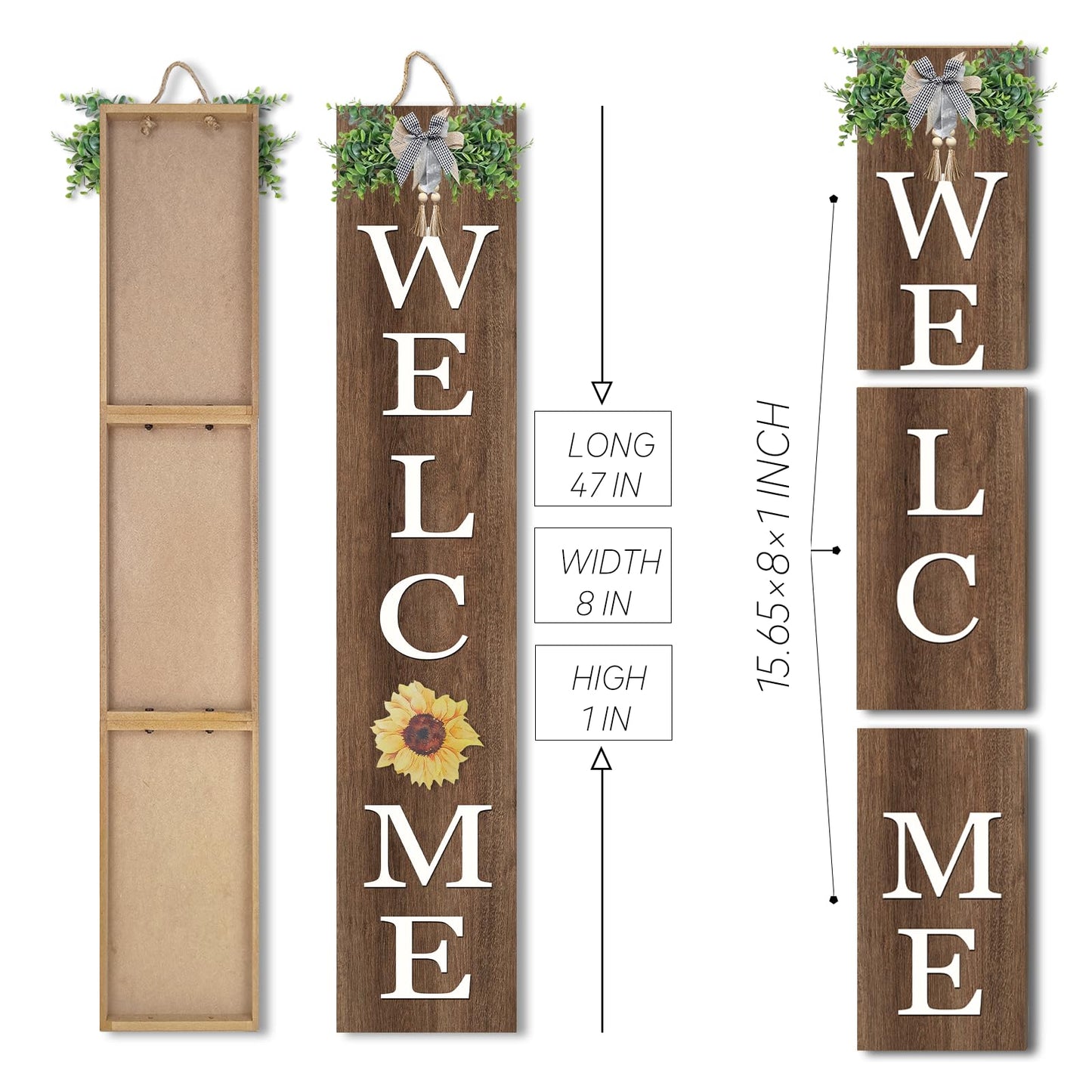 Interchangeable Welcome Sign for Front Porch Standing 47"X8" Outdoor Large Wood Frame with 12 Pcs Designed Icons Leaner Vertical Tall Outside Welcome Sign for Front Door Decor (Wood)