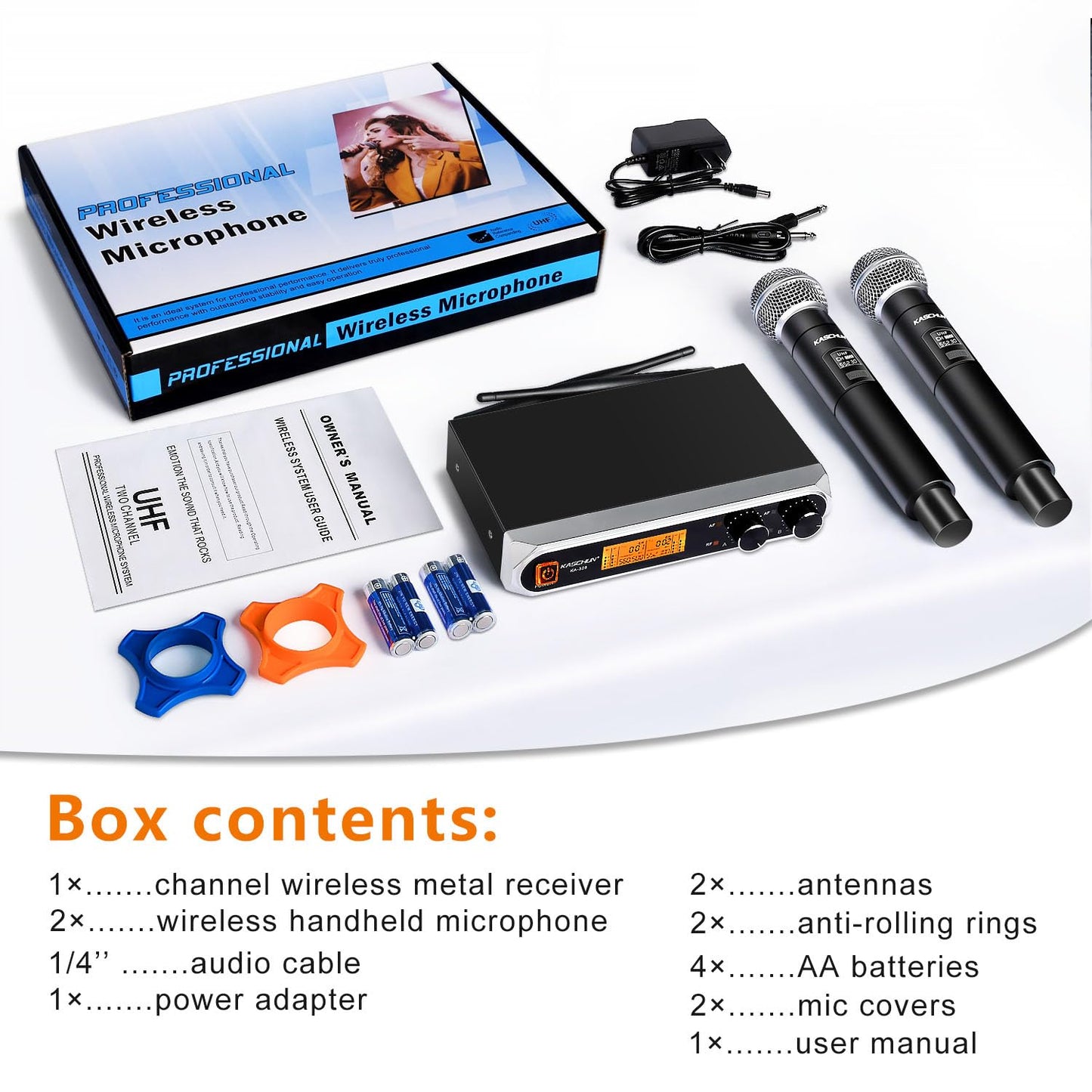 Kaschun Wireless Microphone, Professional Cordless Dynamic Wireless Microphone System, Microfono Inalambrico Professional,100ft Range, Suitable for DJ, Church, Karaoke, Home and KTV (KA-328)