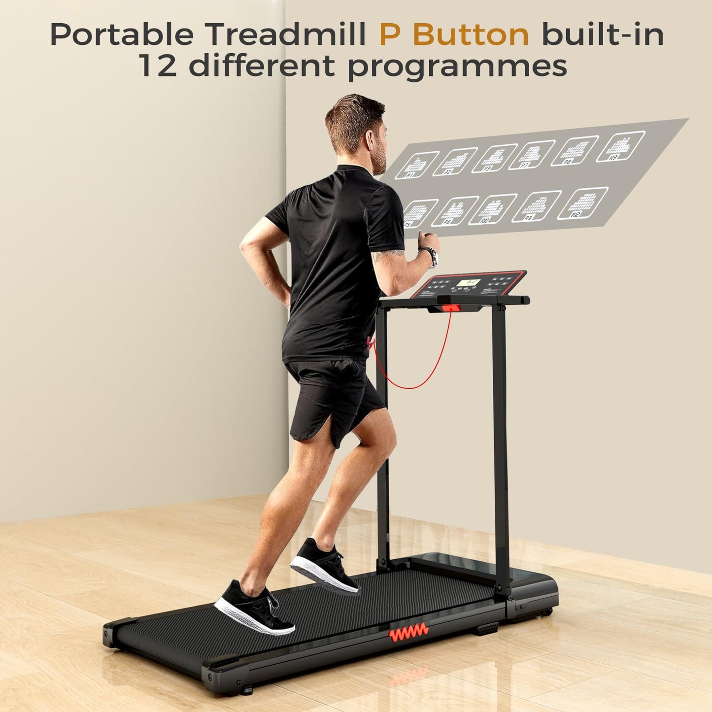 Portable Treadmills for Home, Electric Walking Pad Treadmill with 12 Preset Programs, 3.0HP Treadmill with Handle for Small Home, Waking Pad,Compact Running Treadmills with 320LBS Capacity(Black)