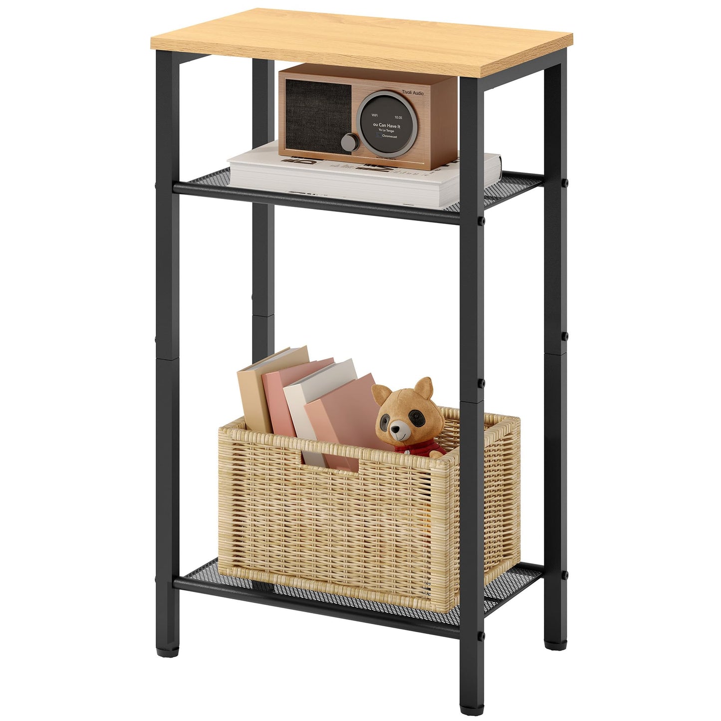 Hoctieon 2-Set 3 Tier End Table, Telephone Table Set of 2, Tall Side Table with Storage Set of 2, Small Nightstand for Small Spaces, Metal Frame, Black+Yellow Oak