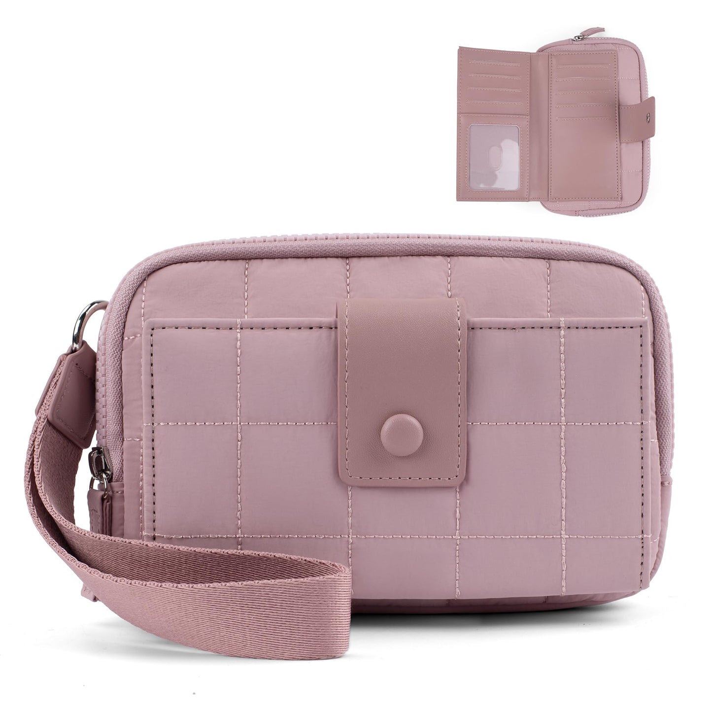 befen Wristlet Wallets for Women, Quilted Nylon Wallet Clutch Purse with 10 Card Slots, Credit Card Holder with RFID Blocking Phone Organizer, Puffer Womens Wallets, Pink