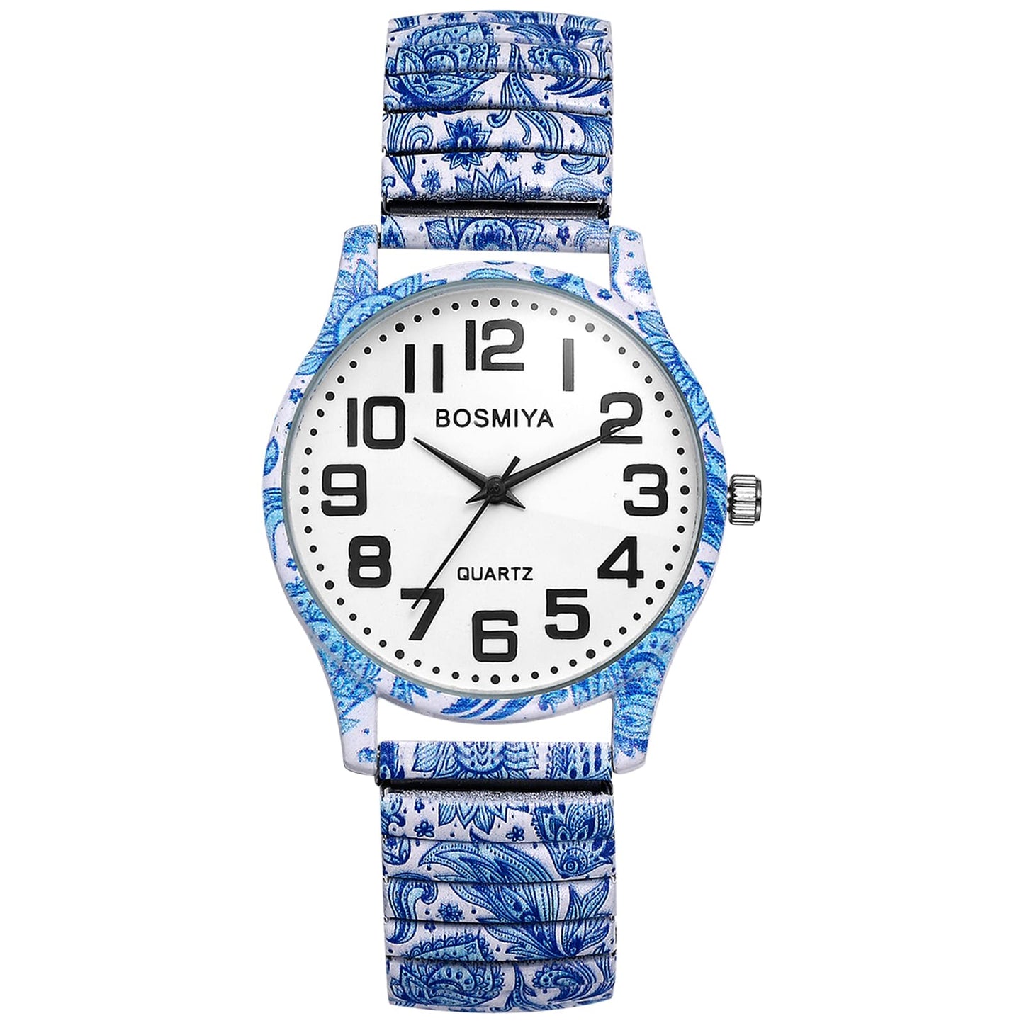 OIDEA Womens Stretch Band Watches: Bohemia Flower Easy Reader Elastic Band Watch Big Number Analog Quartz Bracelet Watch Expansion Band Wristwatches Jewelry Gift