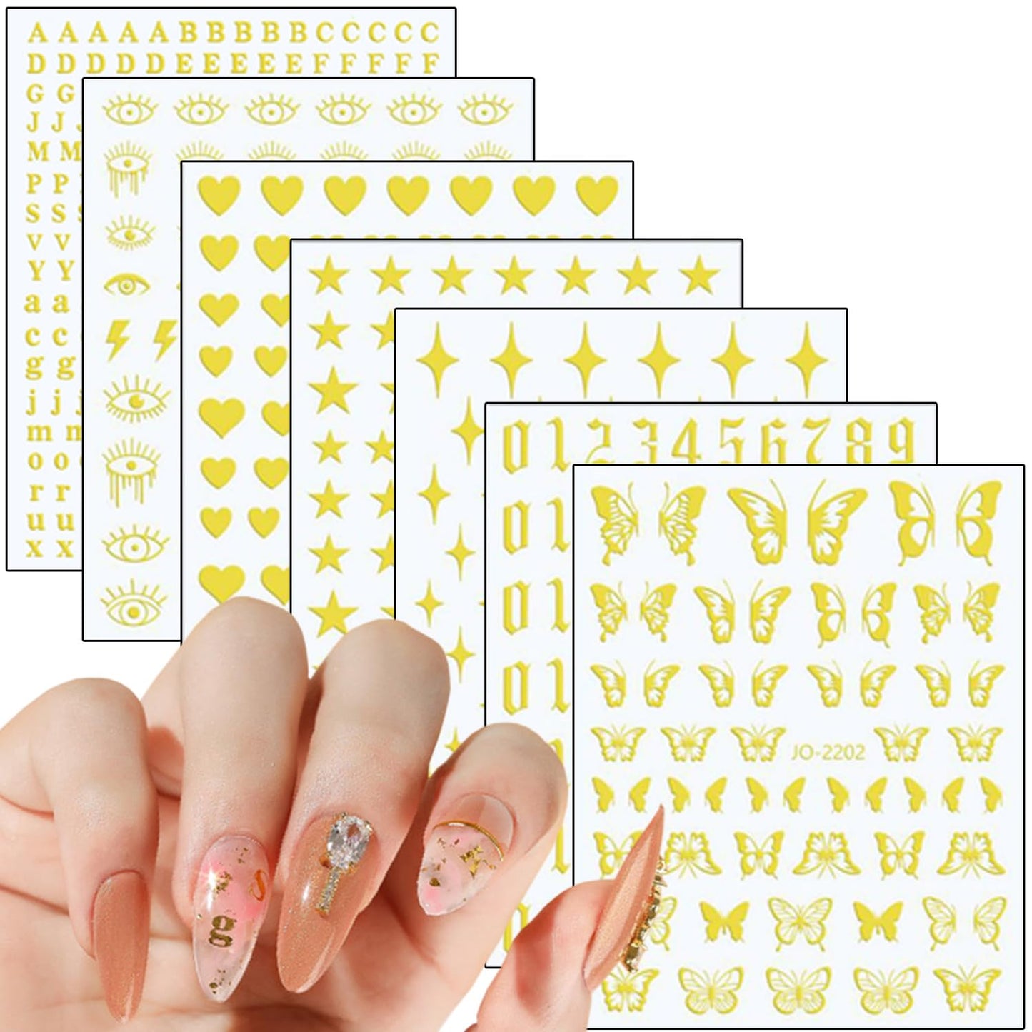 7 Sheets Red Nail Art Stickers, 3D Geometry Nail Transfer Decals, Butterfly Heart Letters Numbers Stars Eyes Nail Self-Adhesive Sticker Design for Women Girls Manicure Charms Decorations