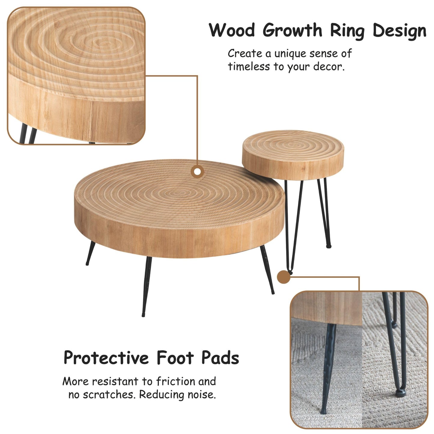 2-Piece Modern Farmhouse Living Room Coffee Table Set, Nesting Table Round Natural Finish with Handcrafted Wood Ring Pattern
