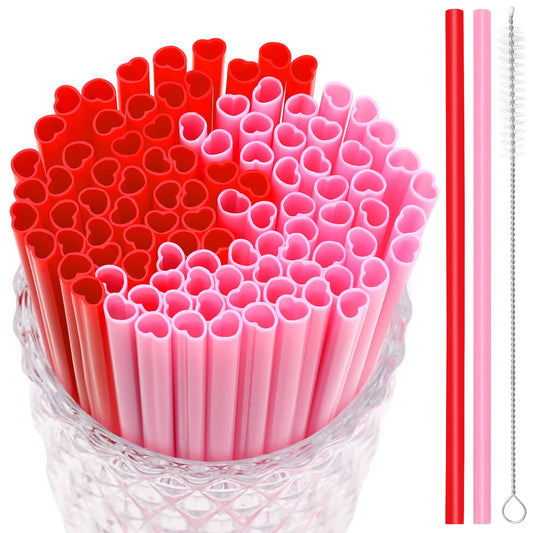 JANYUN 30 Pcs Pink Red Heart Shaped Straws, Reusable Valentines Plastic Drinking Straw for Valentines Day Party Favors Birthday Bridal Shower Wedding Supplies