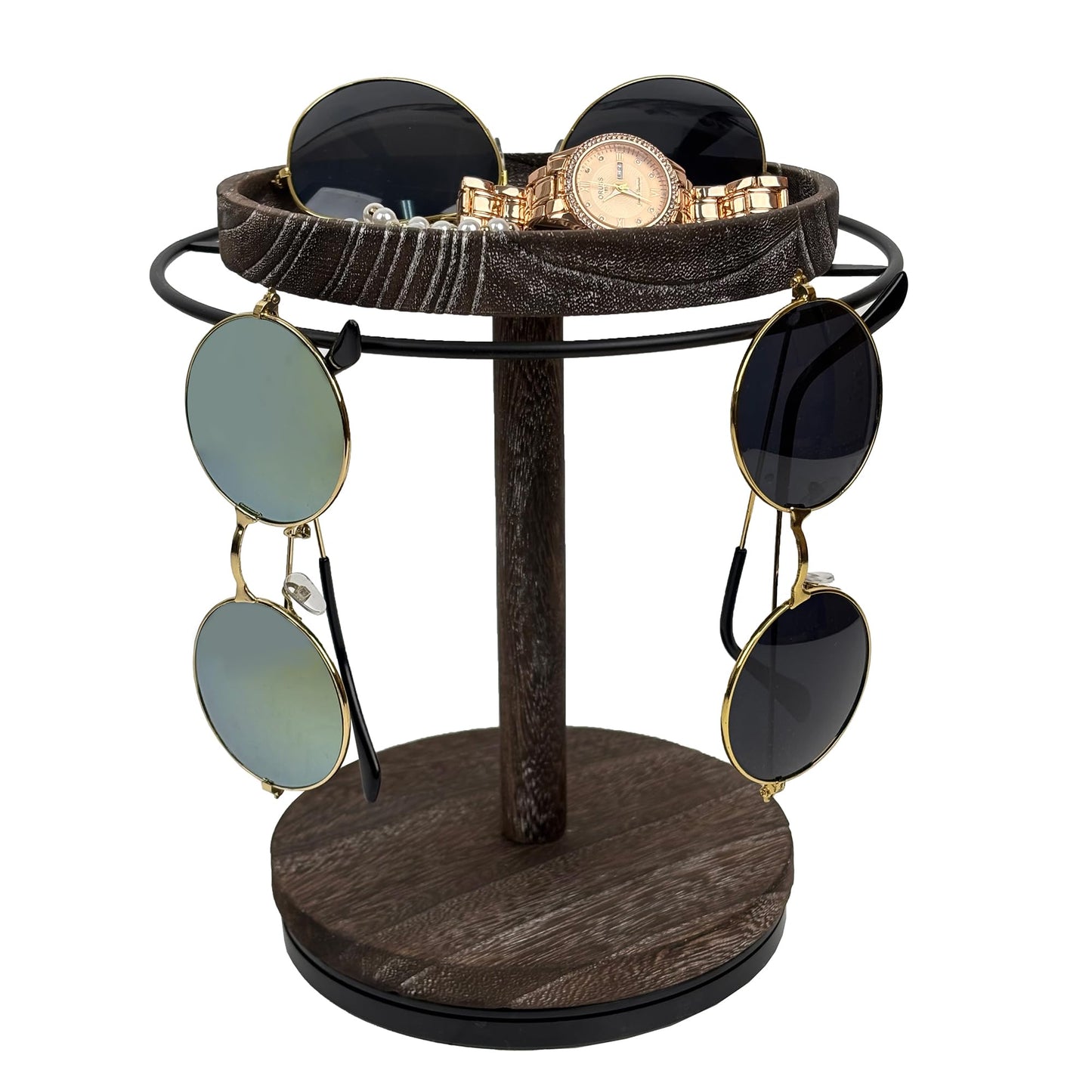 Sunglasses Organizer 360° Rotating Eyeglass Holder Stand with Wood Tray and Base, Eye Glass Display Rack for Multiple Sunglass Storage for Table Dresser Nightstand Desk