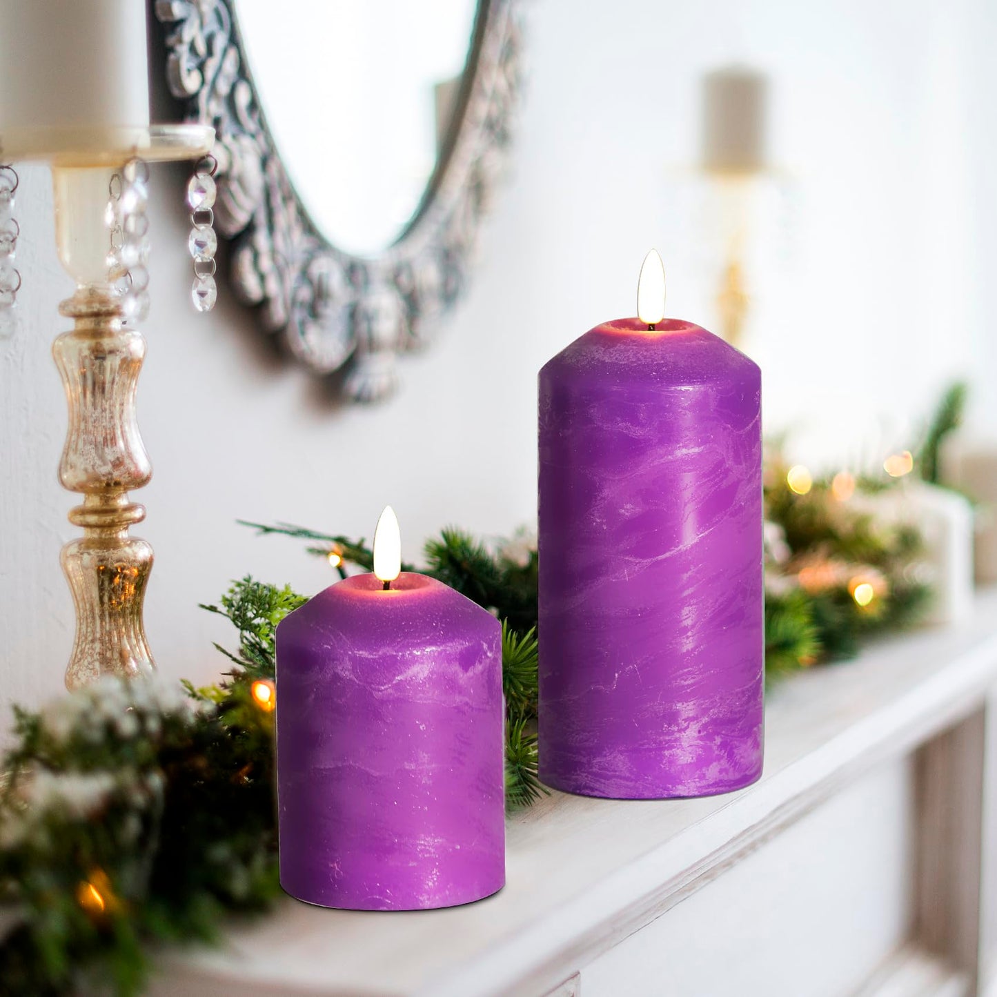 Eywamage Purple Flameless Pillar Candles with Remote, Real Wax Flickering Battery Operated LED Candles Set of 3