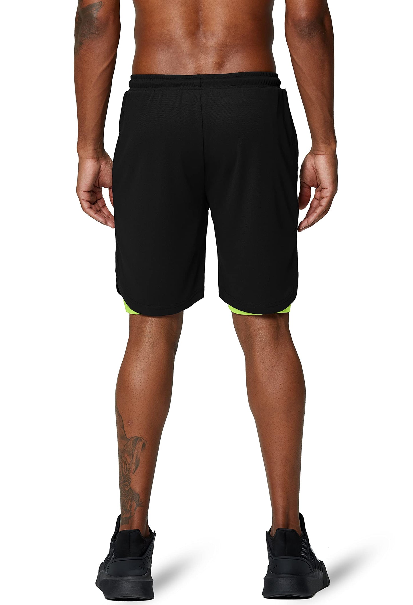 Pinkbomb Men's 2 in 1 Running Shorts Gym Workout Quick Dry Mens Shorts with Phone Pocket (Black&Green, Large)