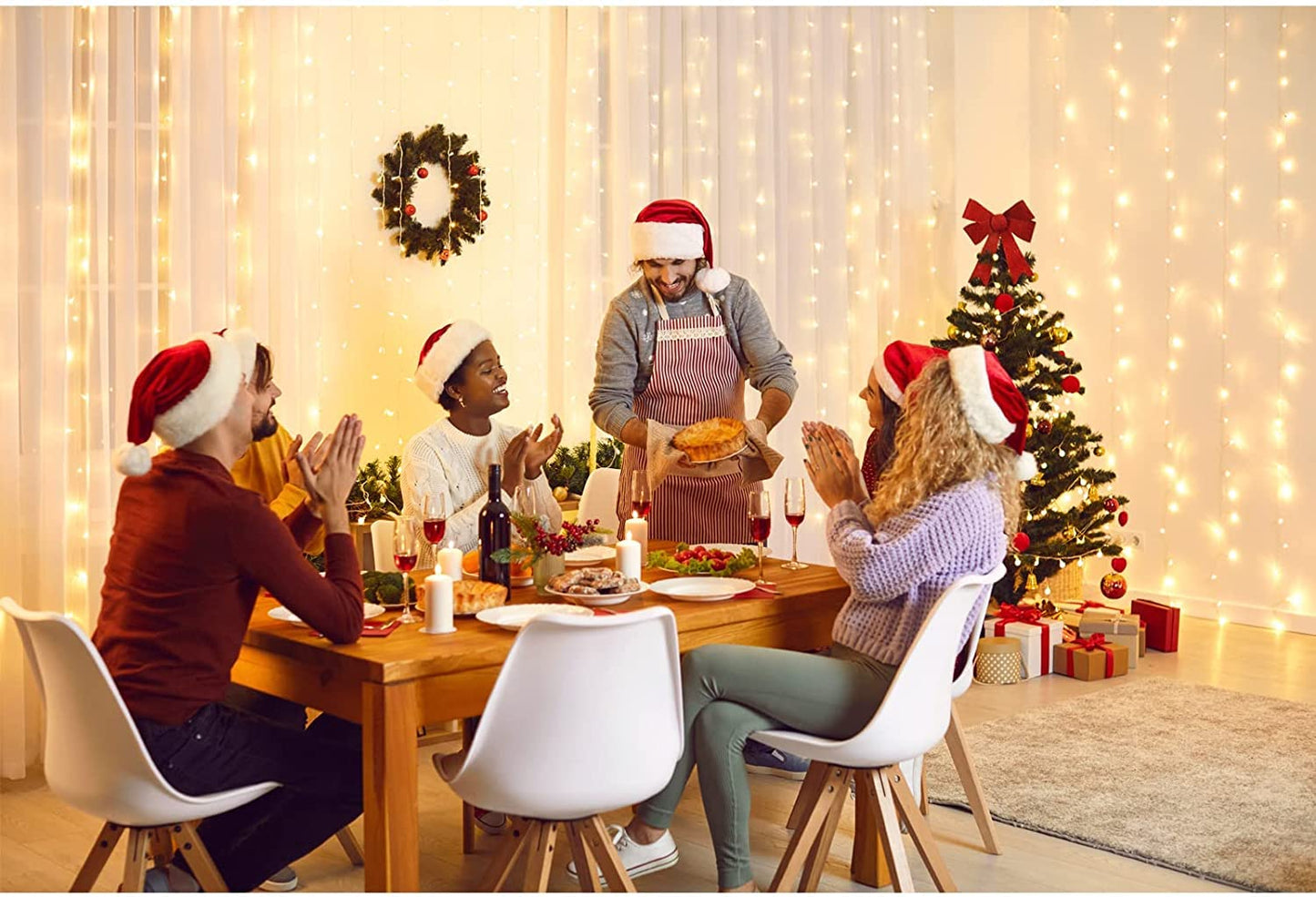 echosari 300 LED Curtain Lights Battery Operated, 9.8ft×9.8ft Hanging Light with Remote Timer Fairy Curtain Lights for Bedroom Patio Wedding Backdrop Party Decór (Warm White)