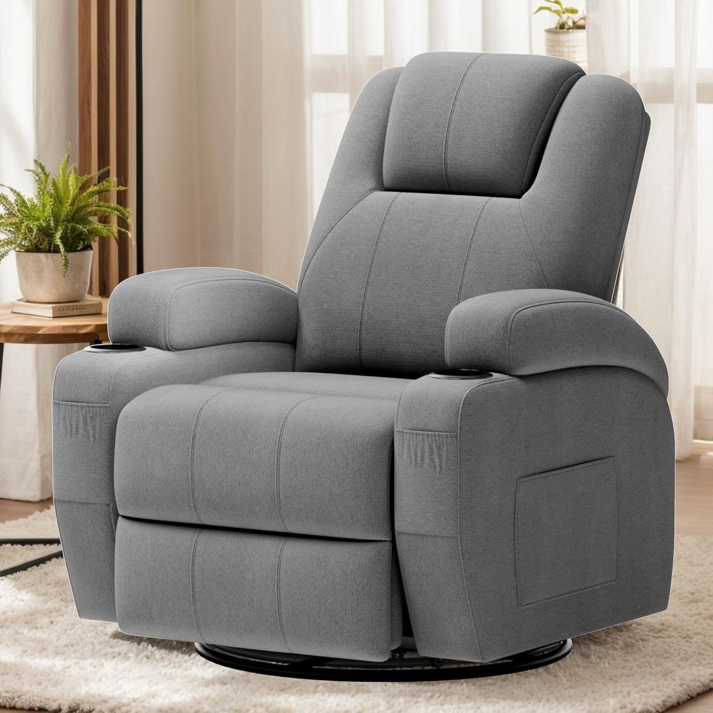 Flamaker Swivel Rocker Recliner Chair with Vibration Massage, 360° Swivel Recliner Chairs for Adults Ergonomic Lounge Chair with Cup Holders Lazy Boy Recliner Single Sofa Seat (Fabric, Gray)