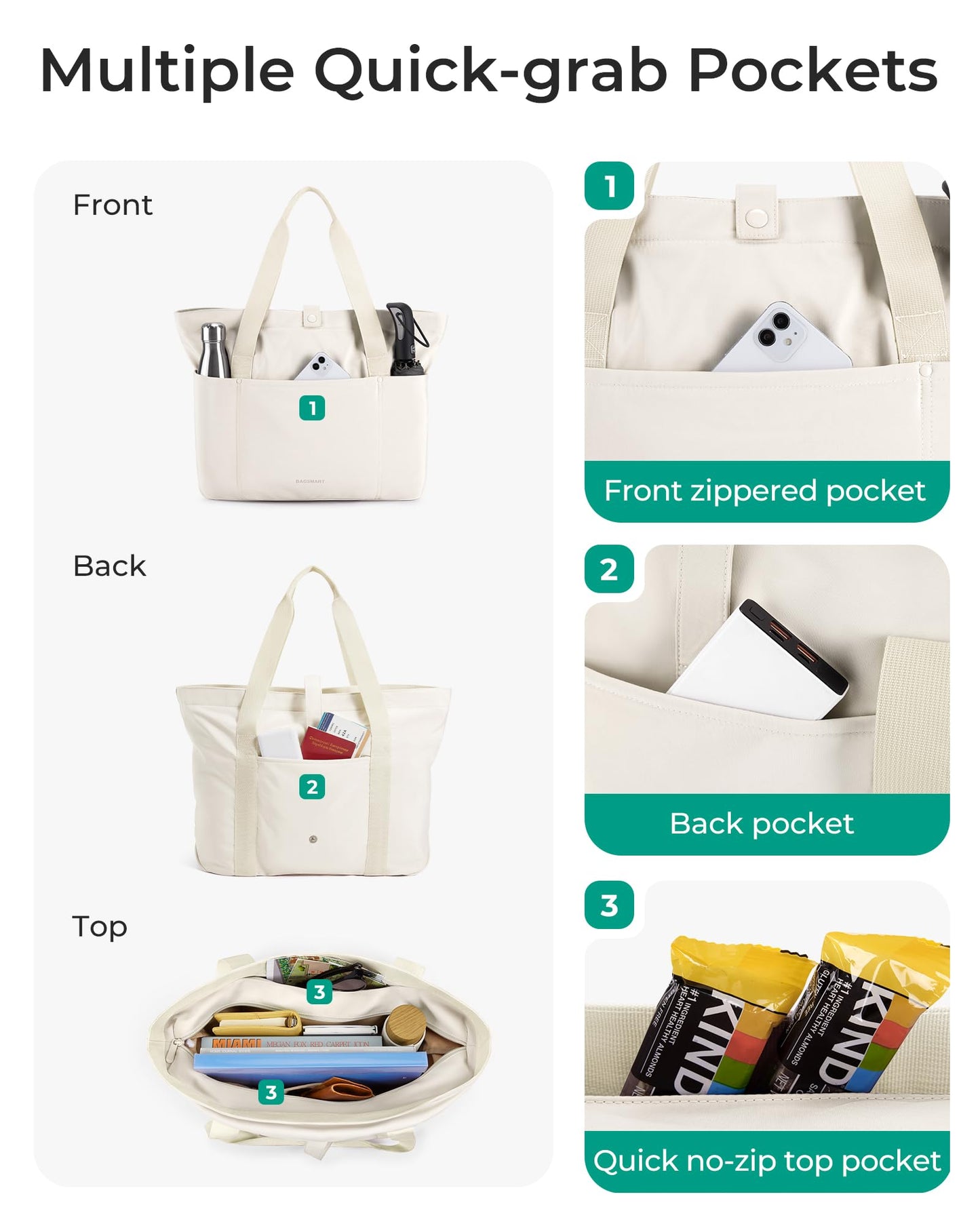 BAGSMART Tote Bag for Women, Foldable Tote Bag With Zipper Travel Large Shoulder Bag Handbag for Work-16.5''l X 6''wx 14''h