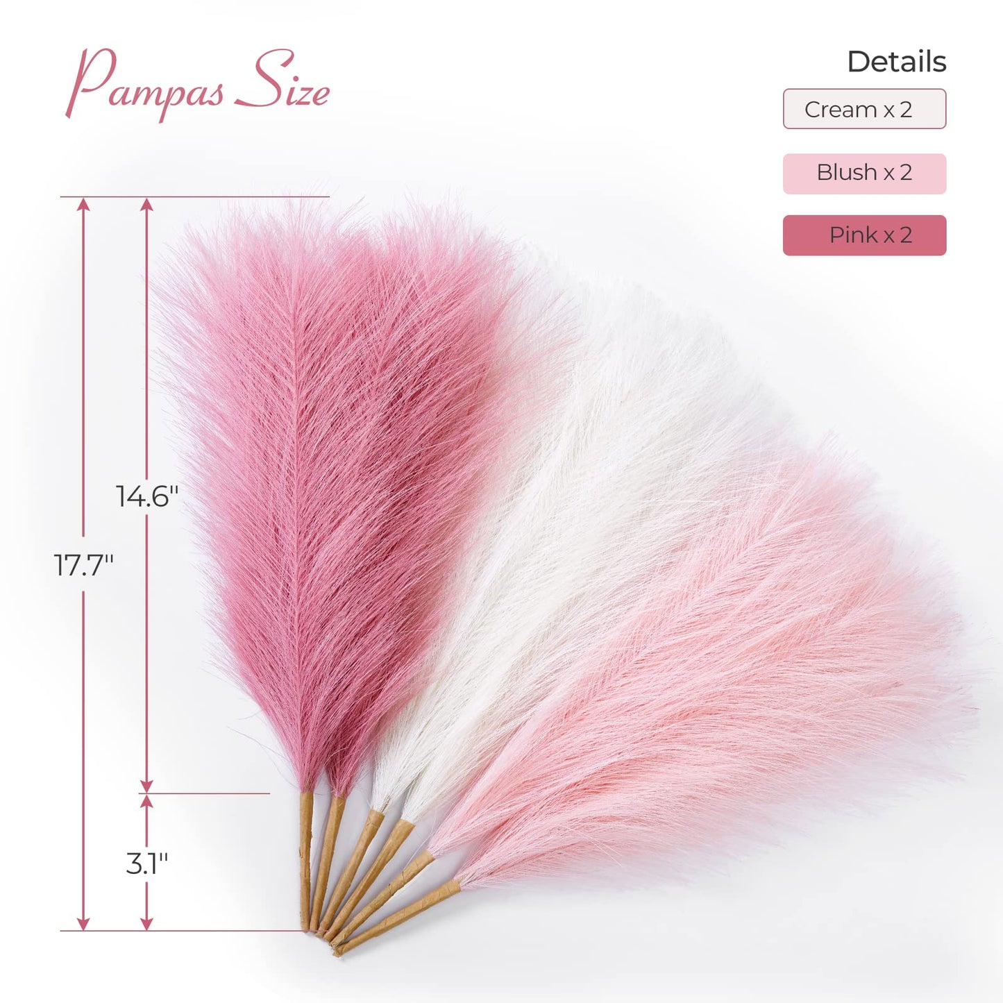Serwalin Pampas Grass Pink Decor 17.7 Inch 6pcs, Faux Pampas Grass Home Decor, Artificial Pampas Grass Blush Fake Pampas, Short Vase Room Christmas Decoration