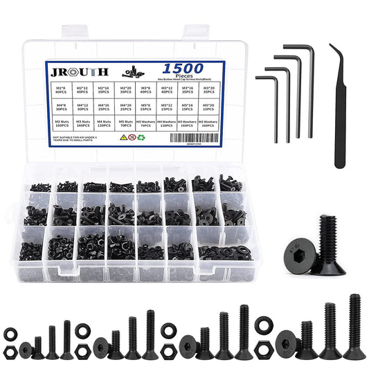 JROUTH 1500pcs Screws Assortment , M2 M3 M4 M5 10.9 Grade Alloy Steel Hex Flat Head Cap Bolts Nuts Washers Assortment Kit with Hex Wrenches, A Black Hex Flat Head Cap Bolts, (M2-M5-1500)
