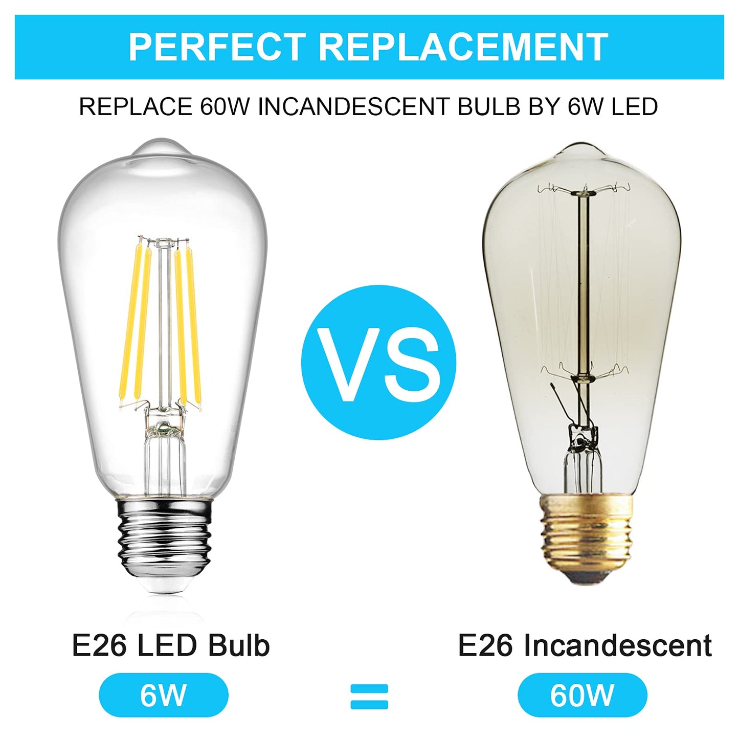 Ascher Vintage LED Edison Bulbs, 6W, Equivalent 60W, Non-Dimmable, High Brightness Cool White 4000K, ST58 Antique LED Filament Bulbs with 80+ CRI, E26 Medium Base, Clear Glass, Pack of 6