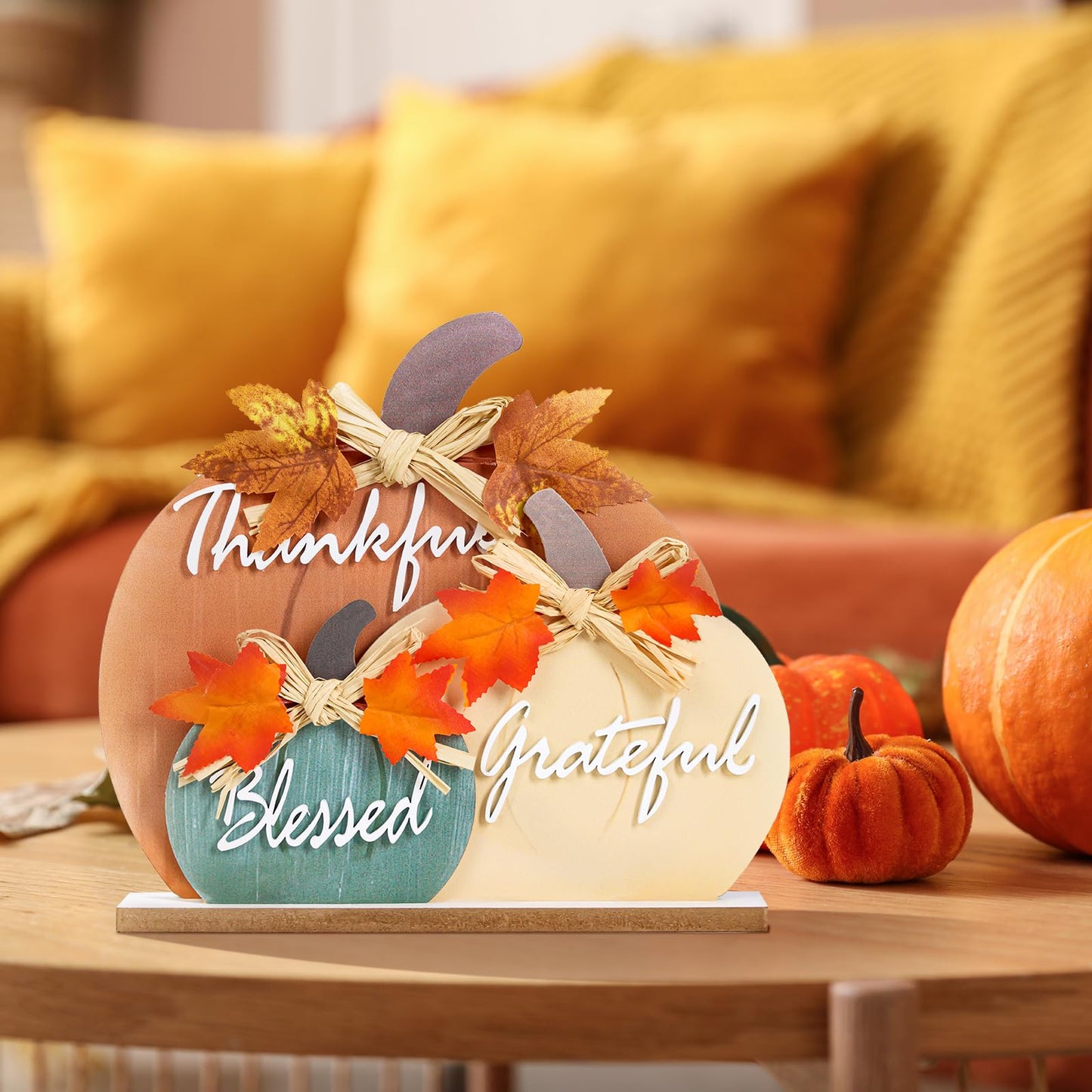 LXDNBGO Fall Decorations for Home, Farmhouse Wooden Pumpkin Decor for Autumn Thanksgiving, Blessed Grateful Thankful Decorative Pumpkin Sign for Table, Office Desk, Fireplace Mantle