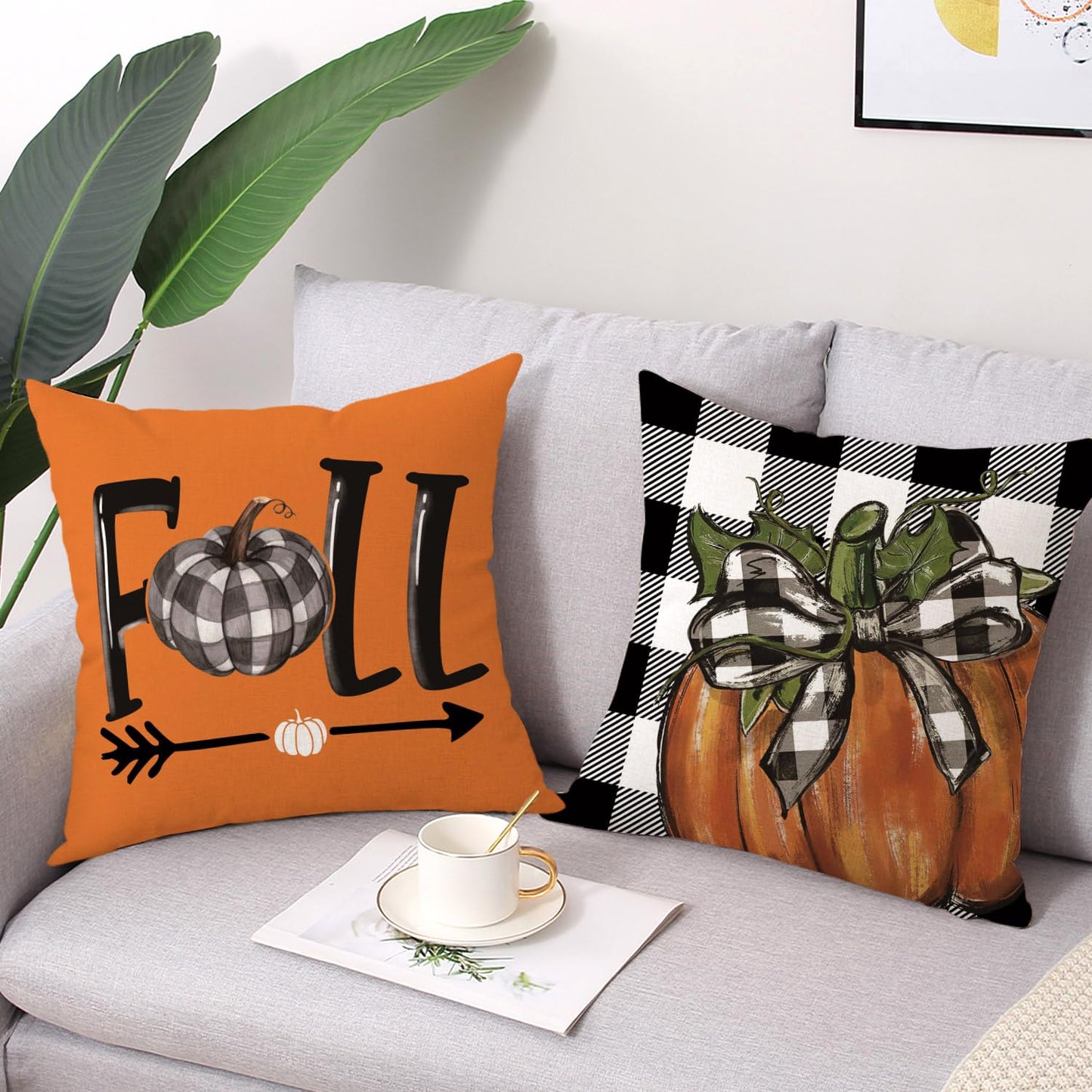 Gujiahone Fall Throw Pillow Covers 18 x 18 Inch Set of 4 Buffalo Check Plaid Pumpkin and Truck Thankful Blessed Fall Thanksgiving Decorative Cushion Cases for Sofa Couch Bed