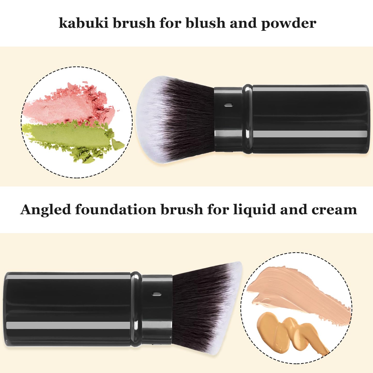 Keriloo Makeup Brush 2 Pack, Retractable Travel Kabuki Powder Makeup Brush, Foundation Face Blush Brushes for Blending Liquid, Blush, Bronzer, Buffing, Sunscreen,Flawless Cosmetics