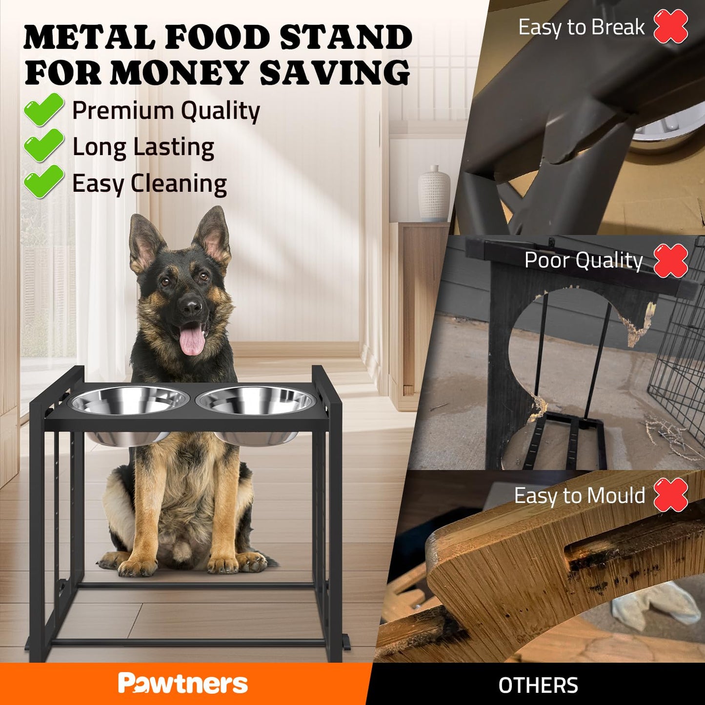 Elevated Metal Dog Bowls for Medium Breed: 4 Height-Adjustable Raised Dog Bowl Feeder Station with 2 Stainless Steel Bowls, Black