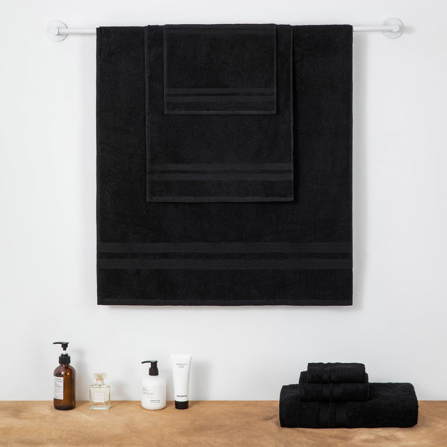 SEMAXE Solid 6-Piece Towel Set, Black, 600GSM 100% Cotton, 2 Each of Bath Towel, Hand Towel, and Washcloths, Gift Box Packaging, Hanging Loop Design