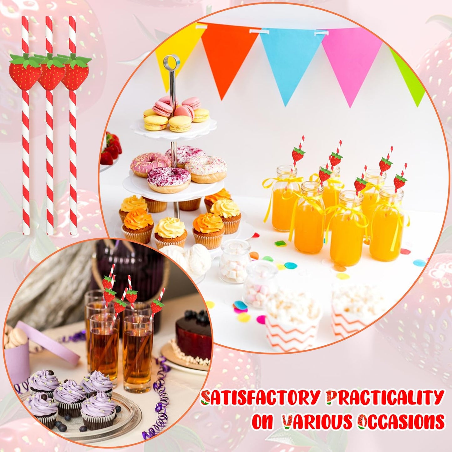 Strawberry Straws, 30 Pack Disposable Drinking Straws Cute Paper Straws with Stripes for Juice, Cocktail, Milkshake, Baby Shower Strawberry Birthday Decorations Strawberry Party Favors - 7.76 Inches