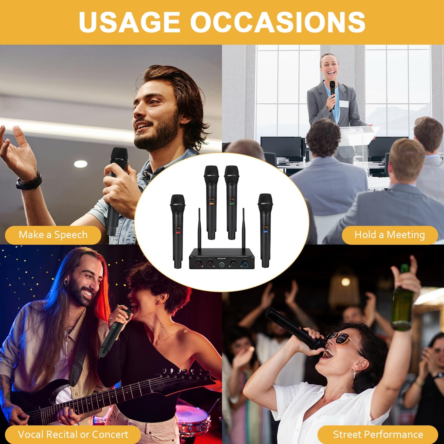 MELONARE 4-Channel Wireless Microphone System, UHF Compact Cordless Mic Set w/ 4x10 Frequencies, 200ft Range, Dynamic Handheld Microphone for Singing, Karaoke, Church, DJ, Wedding (MWM-41-4H)