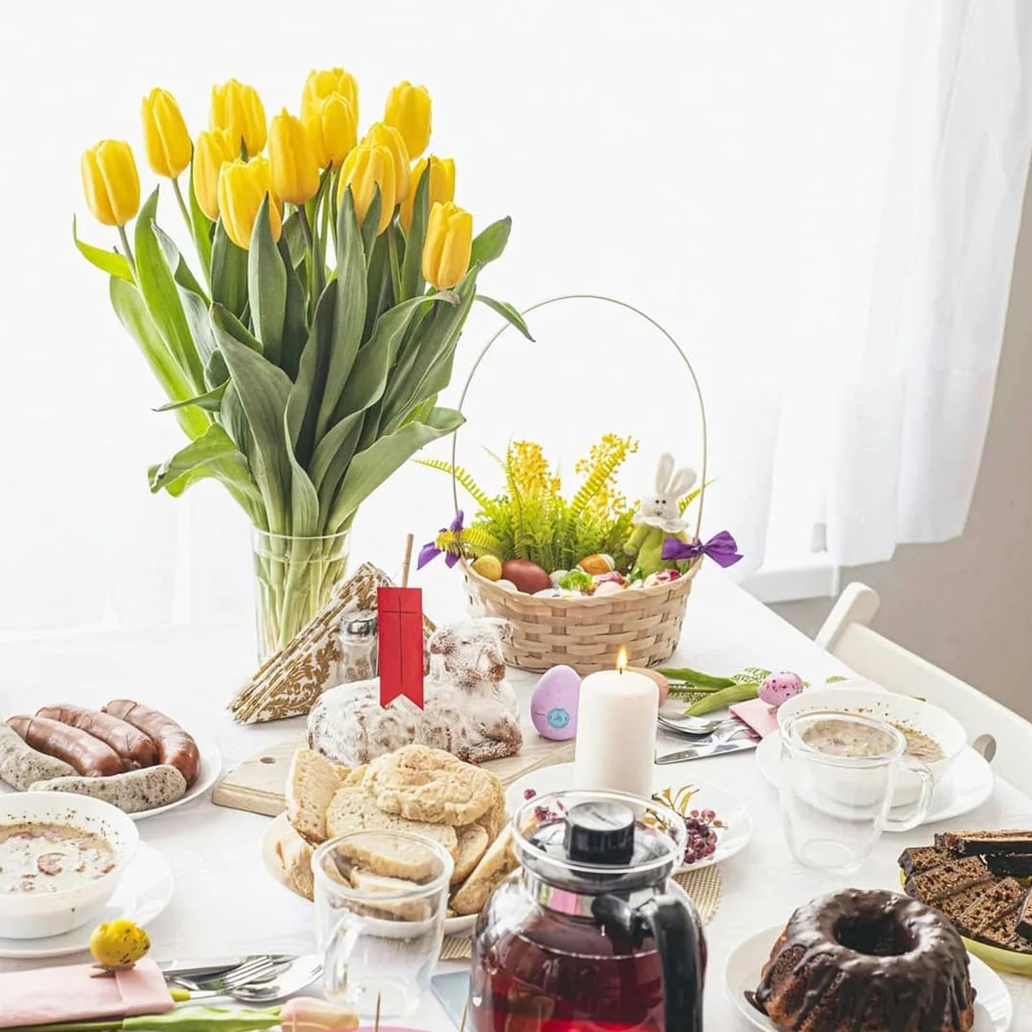 28pcs Yellow Flowers Artificial Tulip Stems Real Feel PU Tulips for Easter Spring Wreath Wedding Bouquet Centerpiece Floral Arrangement Cemetery Table Décor 13" Tall