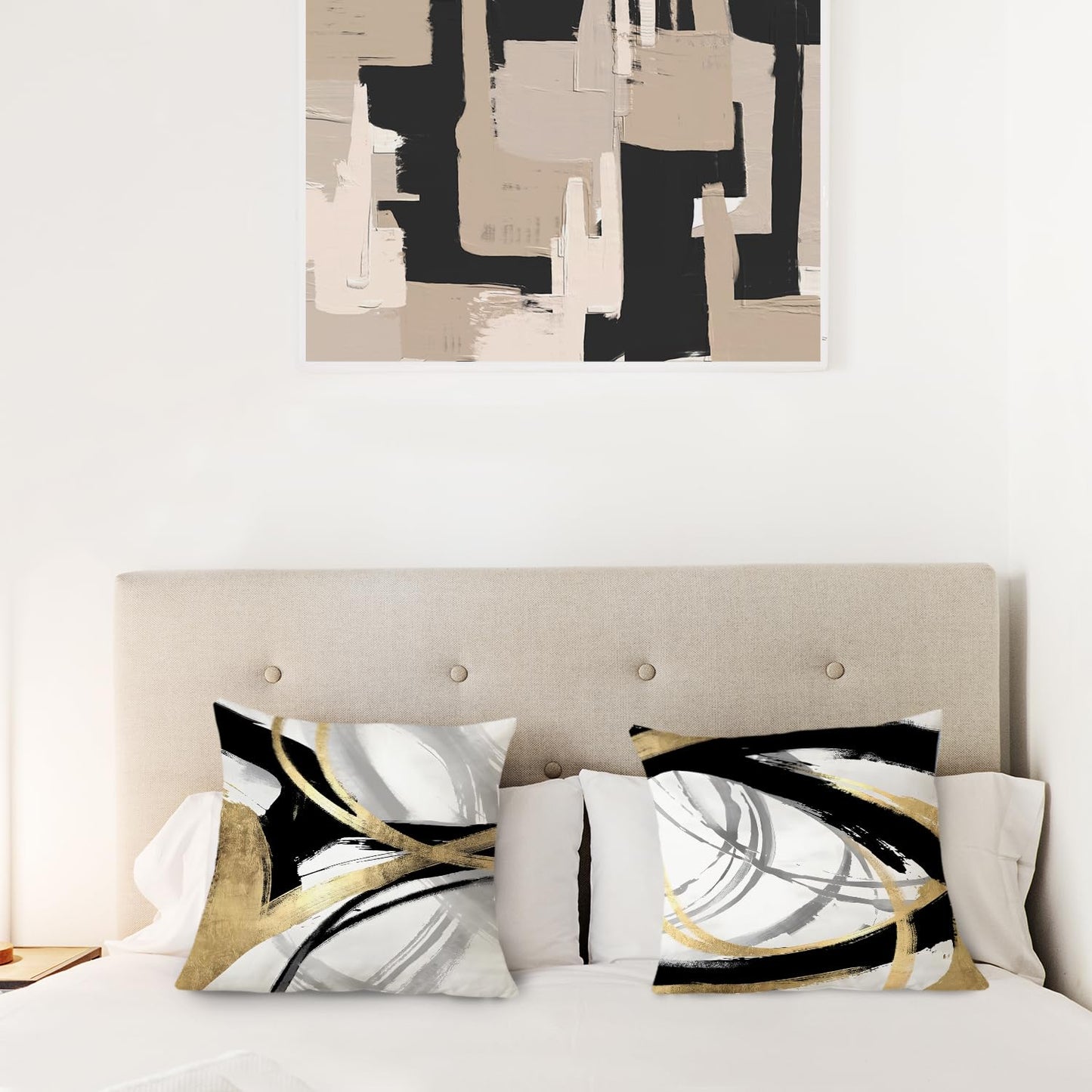 Supwhd Black White and Gold Pillow Covers, Abstract Black and Gold Pillow Covers 18x18 Set of 2, Modern Boho Home Decor, Black and Gold Decorative Throw Pillows Cover for Couch Living Room Bedroom