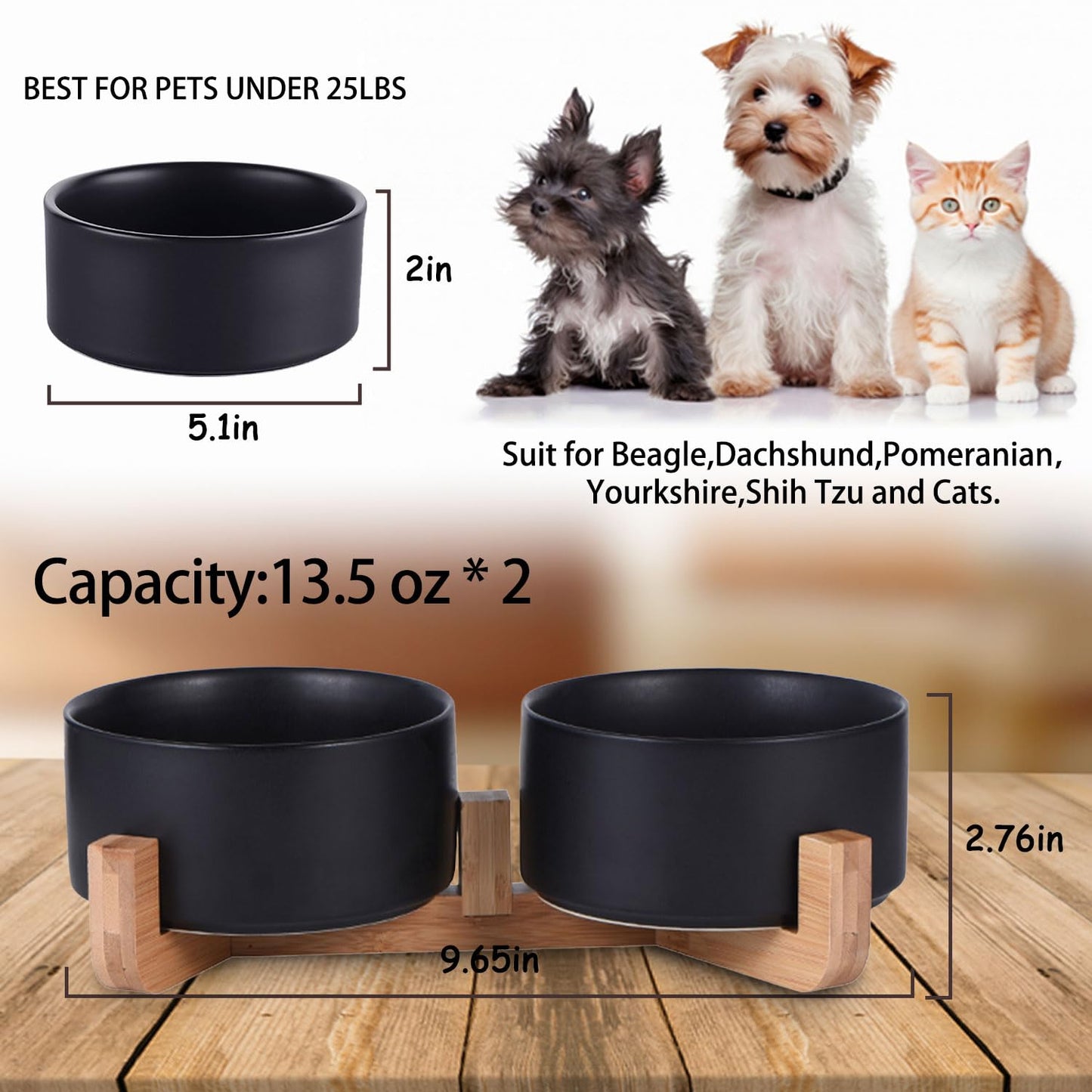 Petygooing Ceramic Dog Cat Bowls Set with Stand,Black Pet Food and Water Bowl,Small Dog Bowls Cute Modern Anti Slip Set of 2 Pet Feeder Small Size Pet Dish(13.5OZ/5.1 in)