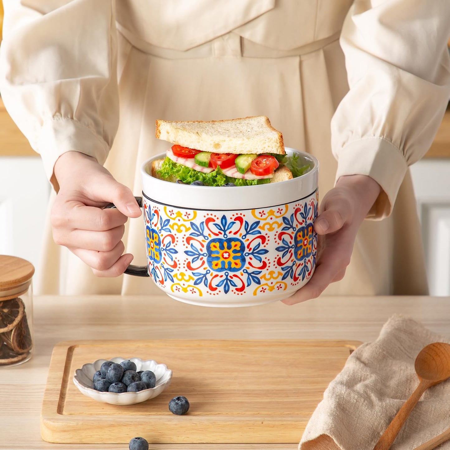 Chubacoo Soup Bowl & Sandwich Plate Combo: 38 oz Ceramic Ramen Bowl Microwave Safe - Extra Large, Big Handle, Ideal for Cereal, Salad, Pasta, Solo Dining, Breakfast, Afternoon Tea - Design C