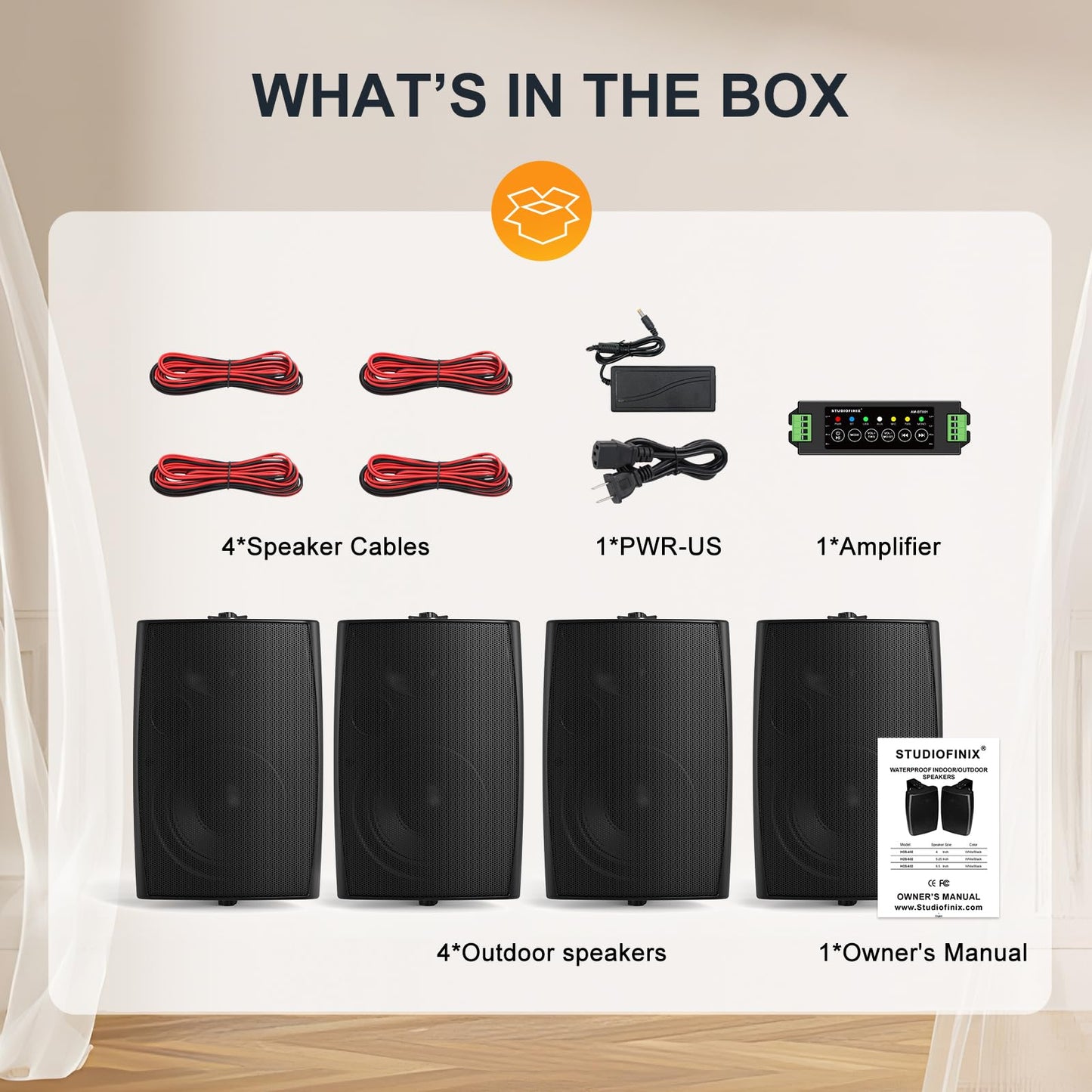 STUDIOFINIX 6.5 Inch Max 800W Outdoor Bluetooth Speakers Waterproof Wired with Multifunctional Amplifier Wall Mount Outdoor Speaker System for Patio Garden Poolside Home(4 Speakers,Black)