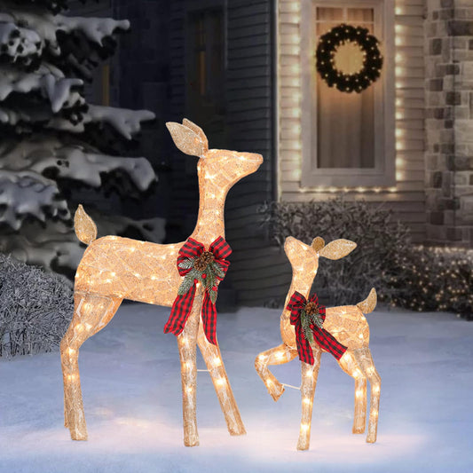 2 Pack Reindeer Christmas Decoration with 105 Lights Xmas Lighted Golden Glittering Deer for Indoor Outdoor Yard Lawn Decoration