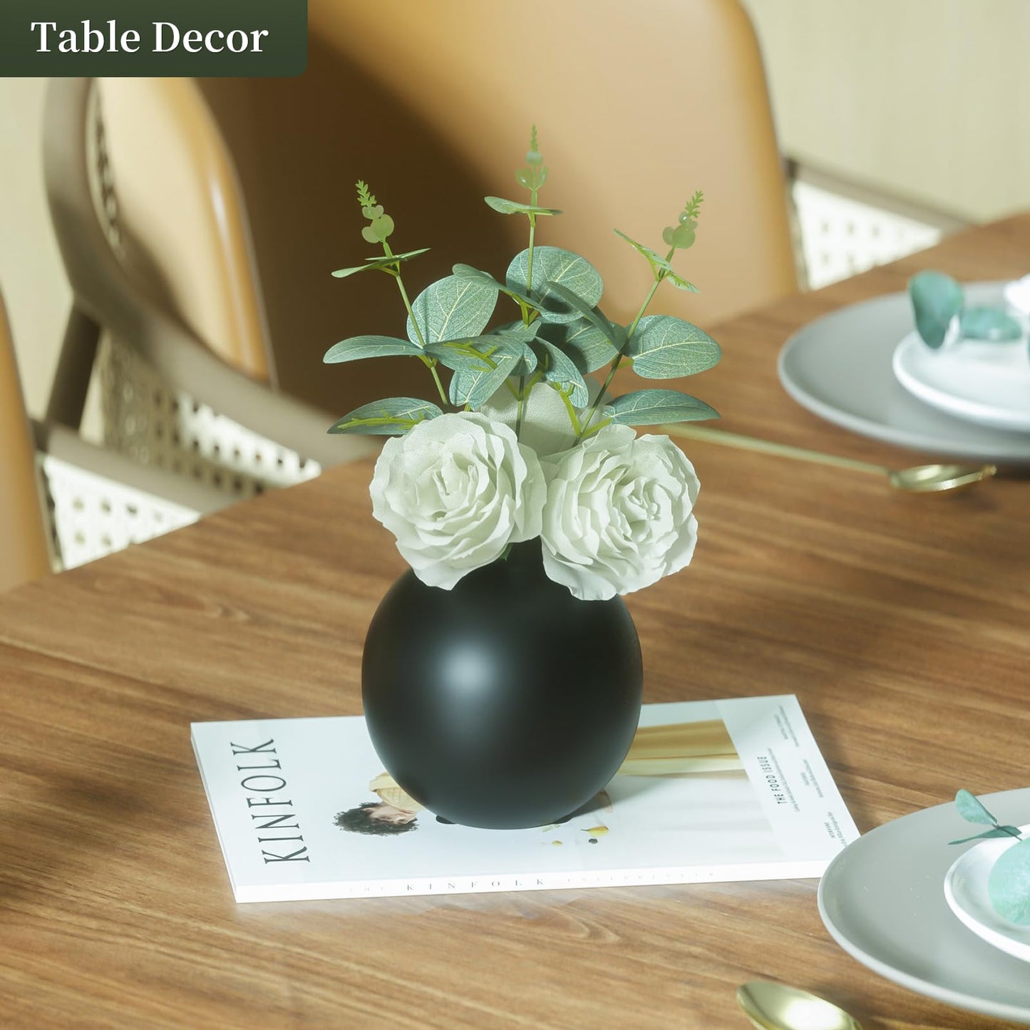 Nztze 2 pcs Artificial Plant Kit with Ceramic vase, Combination of Three White Roses and Greenery, Small Plant Potted Decor for Offices, Bookshelf, Bedroom, Living Room, Party, Wedding Decorations