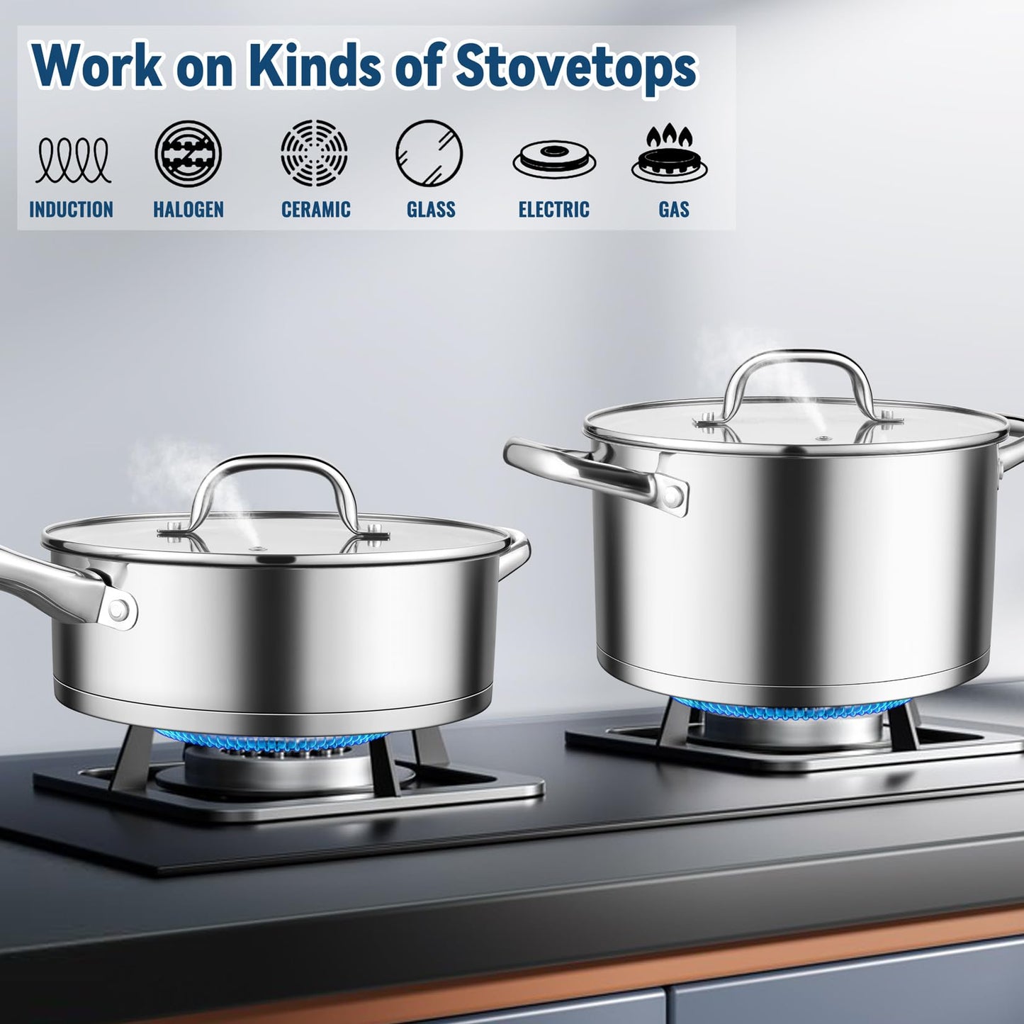 P&P CHEF 10 Pcs Pots and Pans Sets, Stainless Steel Cookware Set of 6 for Kitchen, Induction Cooking Pot & Saucepans with Glass Lids, Nonstick Frying Pans & Saute Pan