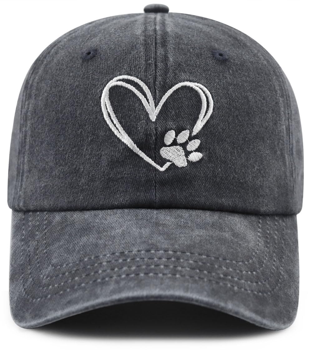 Dog Paw Print with Love Heart Hat for Women Men, Funny Adjustable Cotton Embroidered Dog Lovers Gifts Baseball Cap