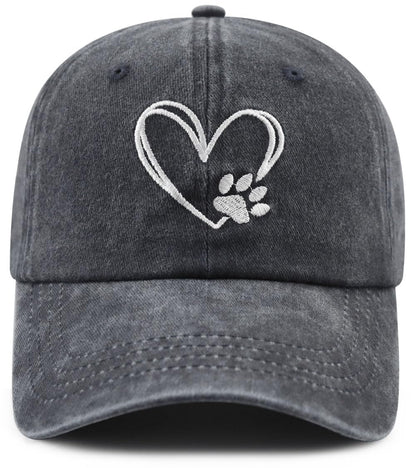 Dog Paw Print with Love Heart Hat for Women Men, Funny Adjustable Cotton Embroidered Dog Lovers Gifts Baseball Cap