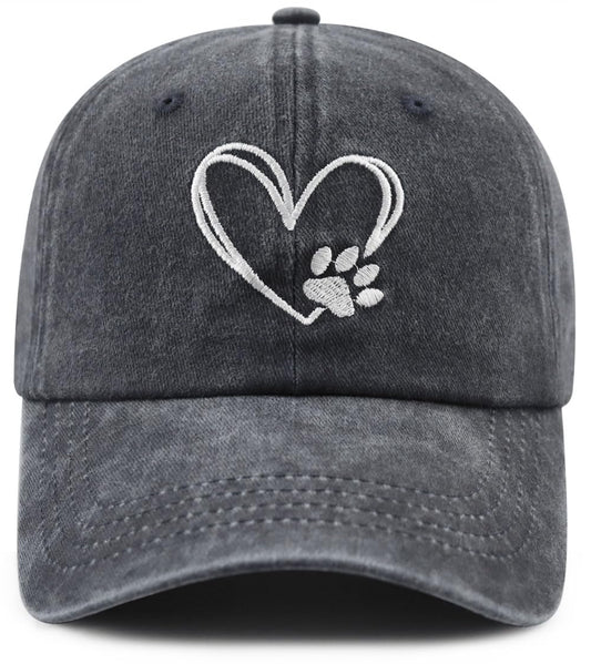 Dog Paw Print with Love Heart Hat for Women Men, Funny Adjustable Cotton Embroidered Dog Lovers Gifts Baseball Cap