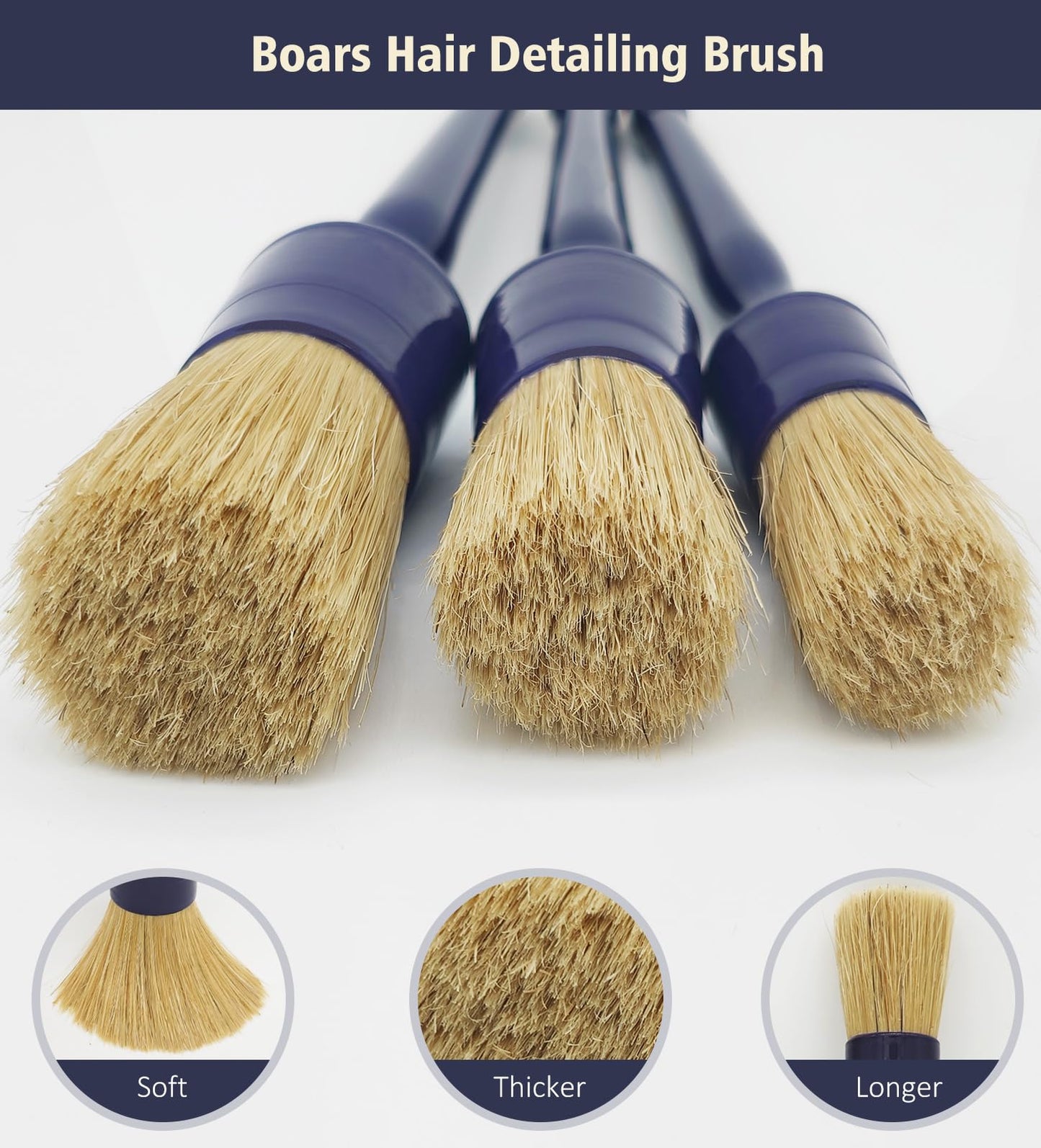 YeewayVeh Car Detailing Brush Set, 3 Pack Ultra Soft Boars Hair Detailing Brushes for Leather Seat Air Vents Engine Bay, Auto Detail Brushes Car Detailing for Interior Exterior, Indigo