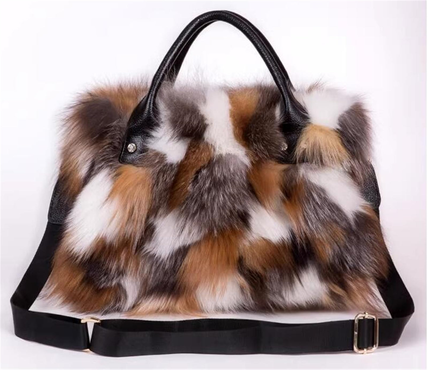 D-01 Luxury Real Fox Fur Handbag For Women Ladies Furry Shoulder Bag Purse Colorful Silver Bags Big Capacity Fashion (One Size, Brown)