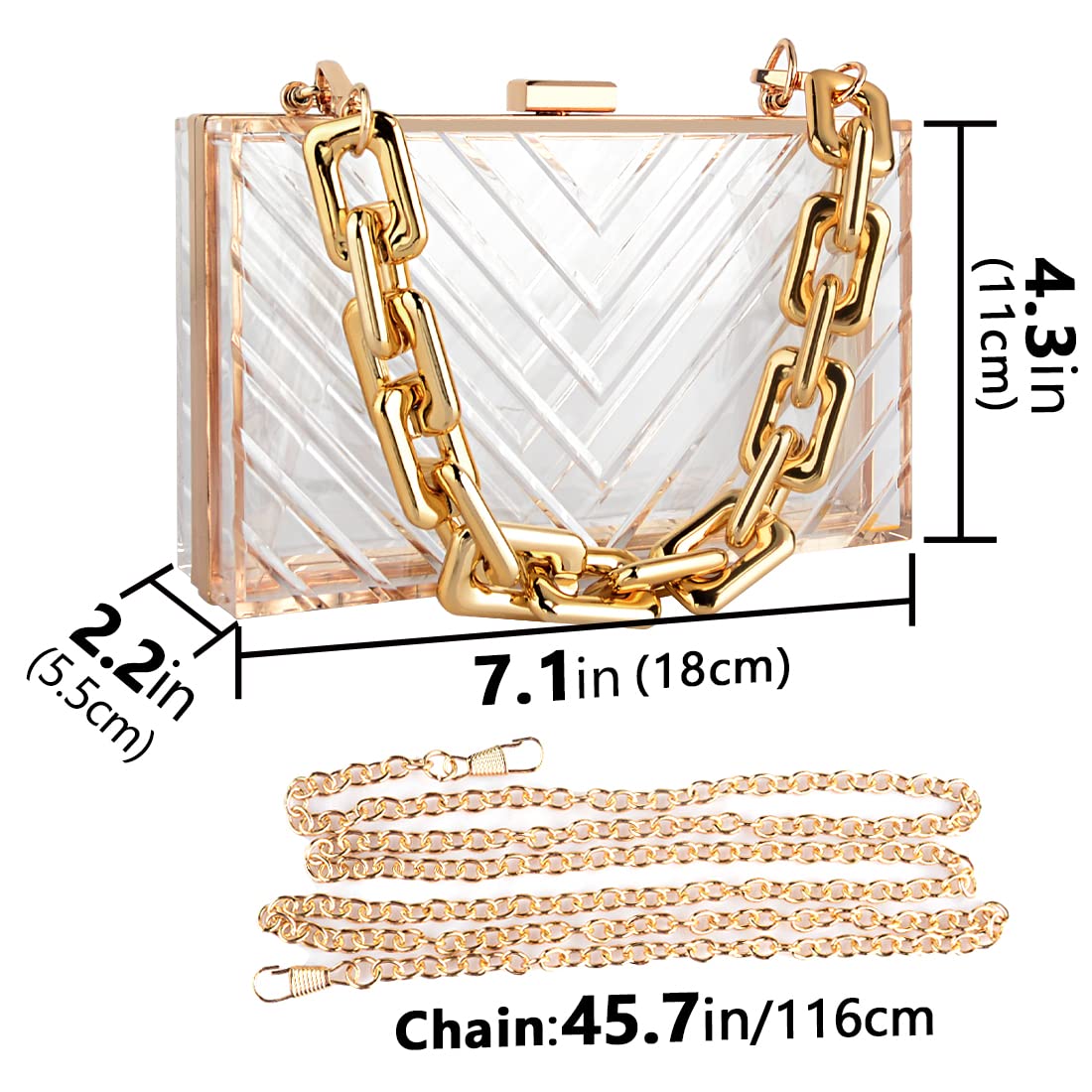 LUEXBOX Acrylic Women Clear Purse, Evening Clutch Handbag with Removable Gold Chain, Transparent Crossbody Shoulder Stadium Purse for Gameday, Bridal, Bachelorette Party, Prom & Concert (V Shape)