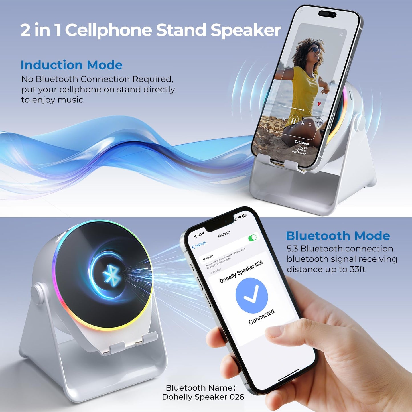 Dohelly Wireless Induction Speaker, Cell Phone Stand with Bluetooth Speaker, Stereo Sound, RGB Ambient Light, Phone Holder Compatible with iPhone/iPad/Android/Samsung Galaxy-White