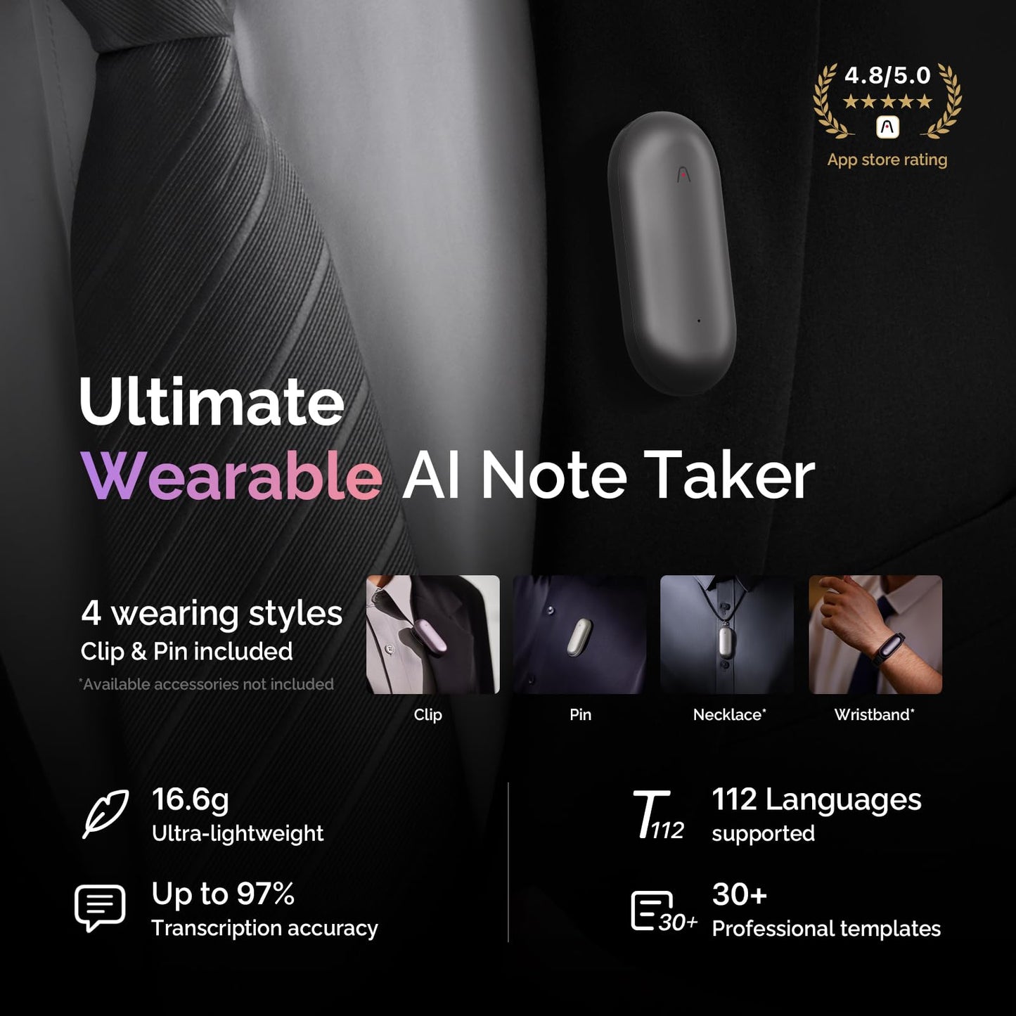 AI Voice Recorder, PLAUD NotePin Voice Recorder, App Control, AI Notetaker, AI Transcribe & Summarize, Support 112 Languages, 64GB Memory, Audio Recorder for Lectures, Meetings, Cosmic Gray