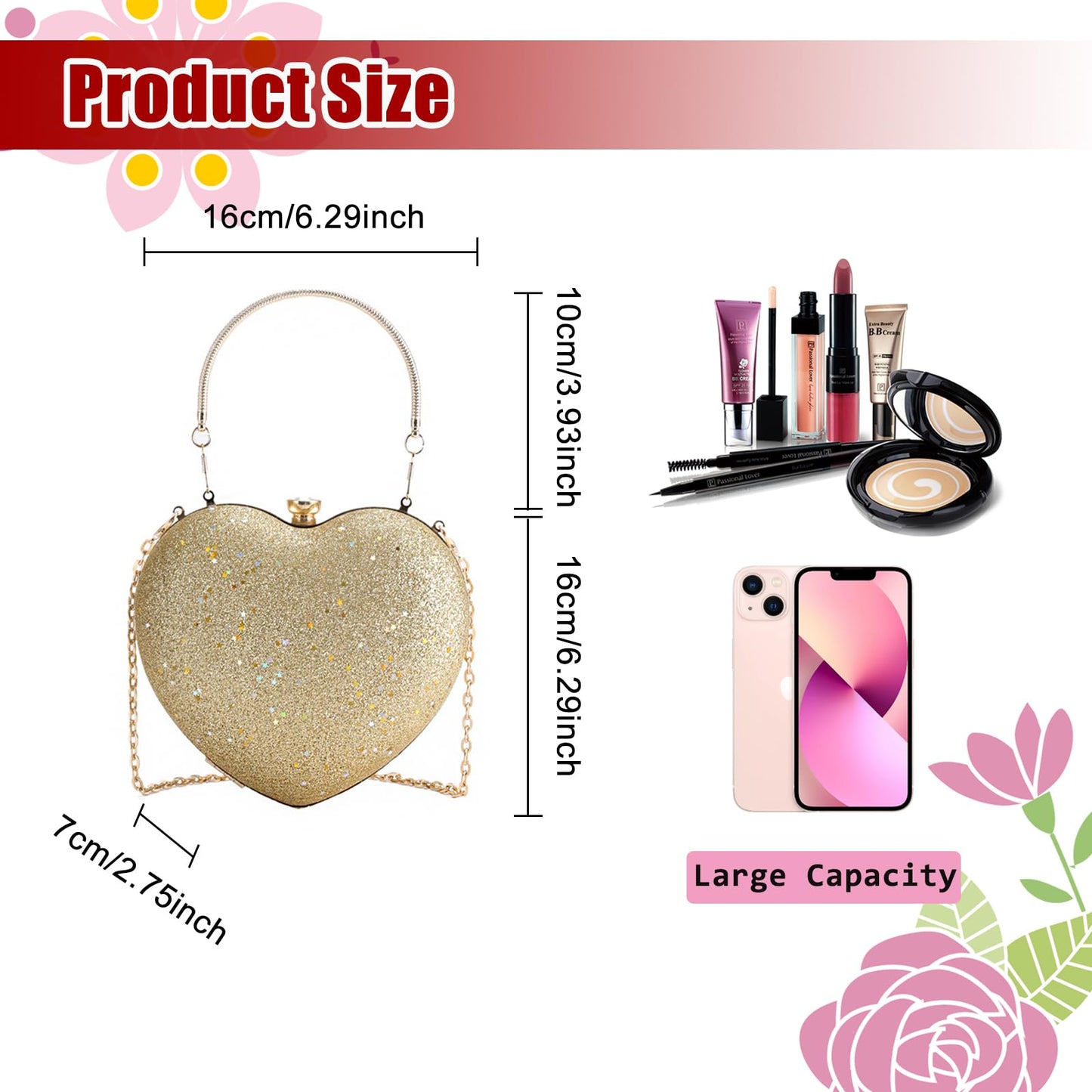 pfoosnd Sparkly Clutch Purses for Women Formal Clutch, Heart Shape Evening Bag, Purse Handbag for Wedding Cocktail Party (Gold)