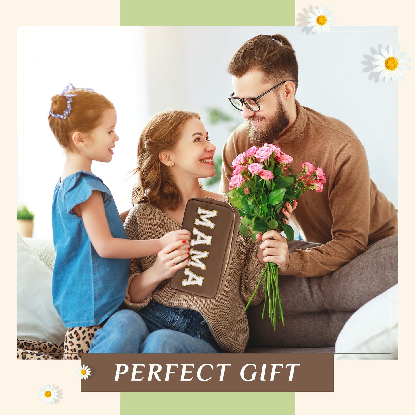 Sanwuta 2 Pieces Mama Gifts Makeup Bag Mom Birthday Gifts Nylon Cosmetic Bag Mothers Day Appreciation Toiletry Preppy Patch Chenille Letter Pouch for Women Her New Mom(Camel, White,Baby and Mama)